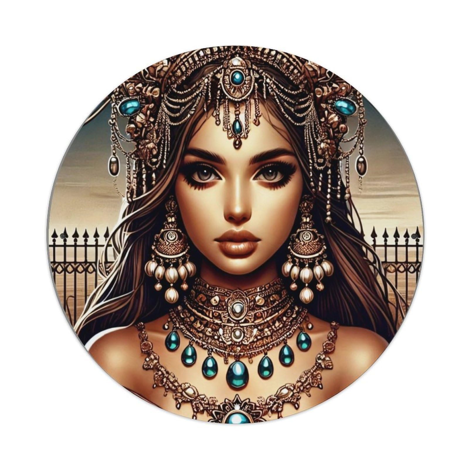 Ornate Jewelry Adorned Woman Portrait Round Metal Tin Sign Vintage Wall Decor, Bar Garage Cafe Kitchen Home Wall Art Poster 8x8inches