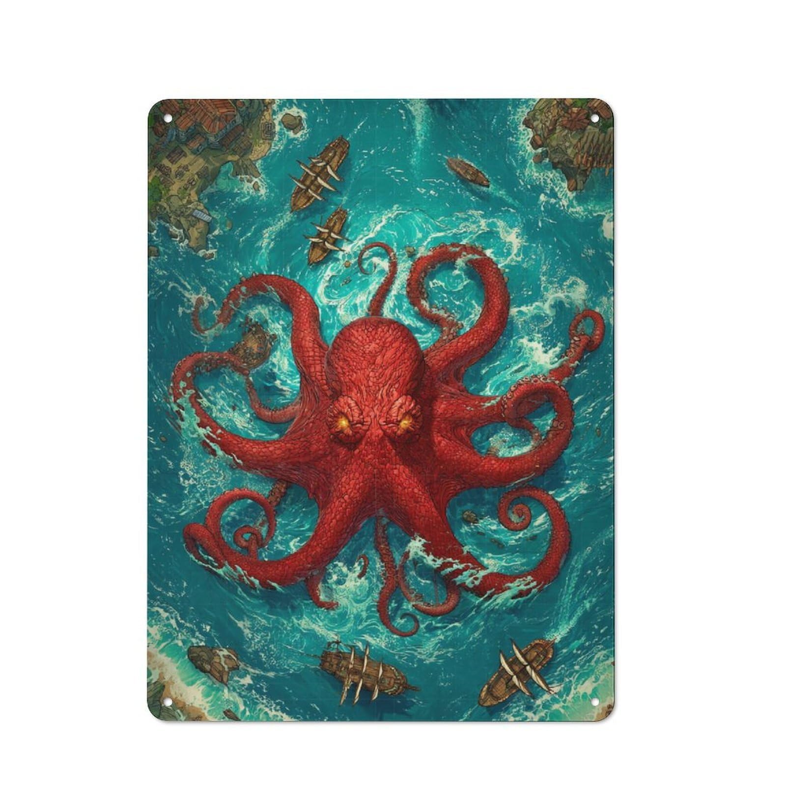 Junmoney Kraken's Wrath Sea Chaos Retro-Style Metal Sign 40X30cm For Studio Or Craft Room, Gift For Studio Decor Lovers During The Christmas Season