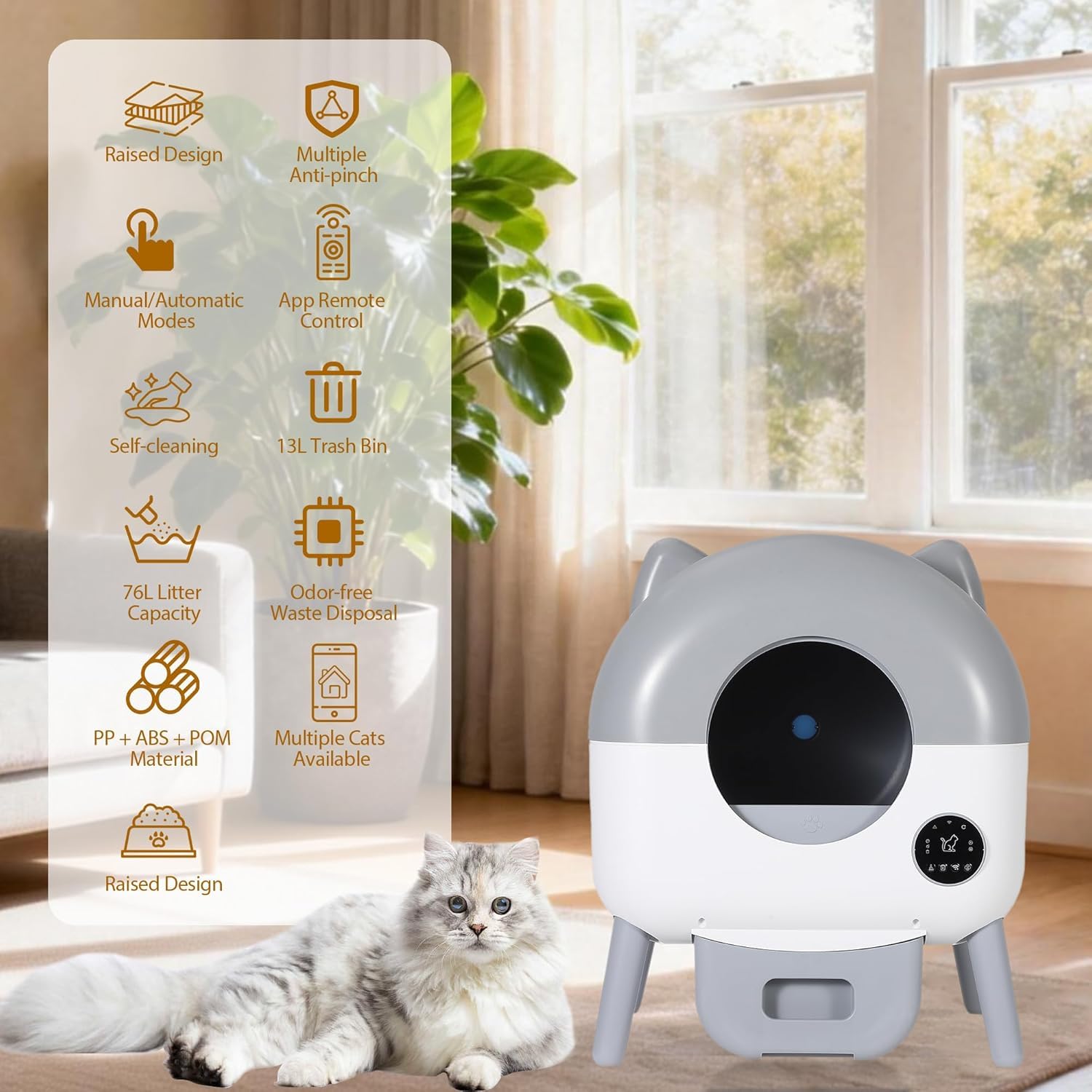 Arenero Autolimpiable para Gatos 66L, Caja De Arena Automática Inteligente con Control por App, Sensores De Seguridad Anti-Atrapamiento, 6 Luces Ambientales Ajustables, Bajo Ruido