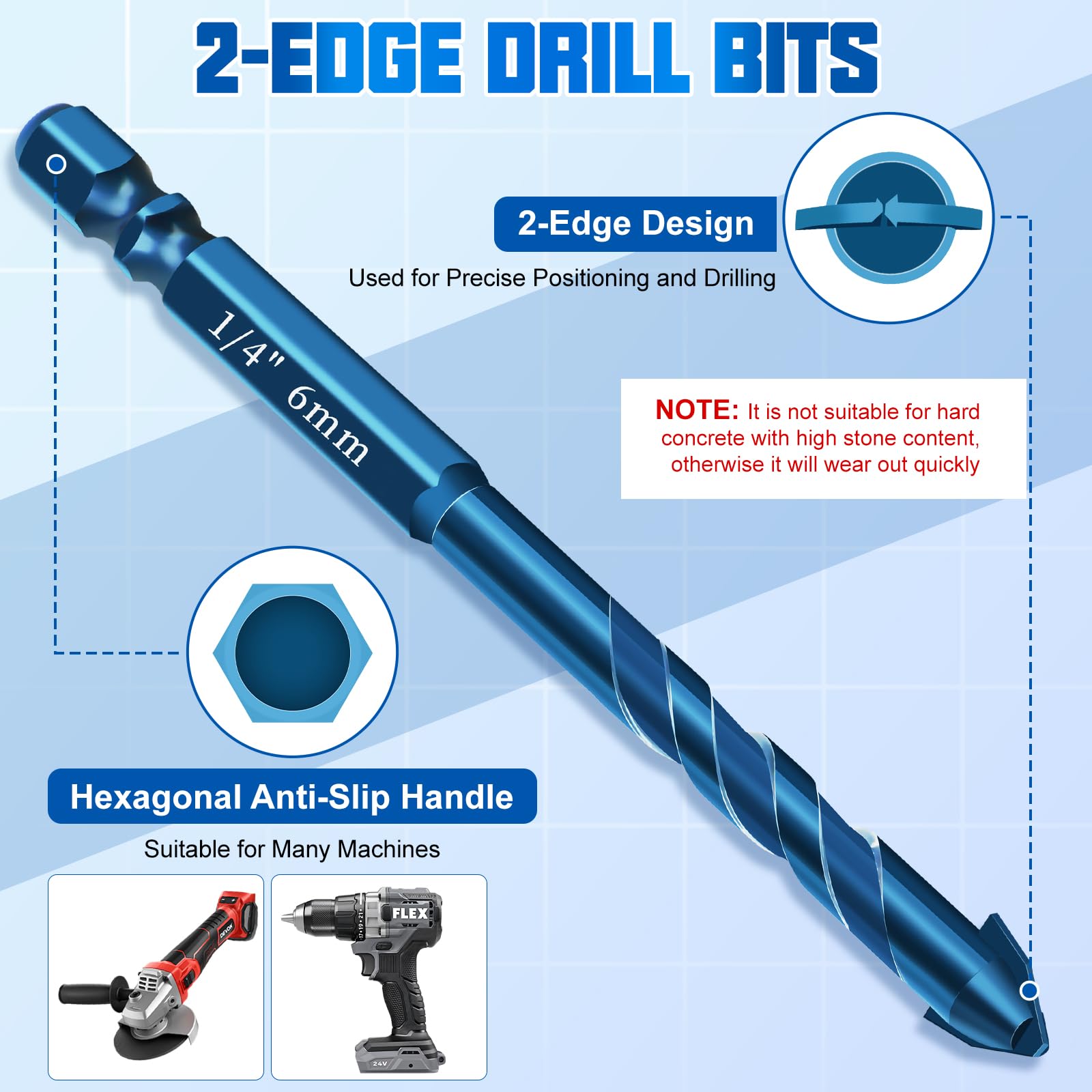 Set di 21 punte per piastrelle con punta per piastrelle M6 (5-50 mm) e punte per metallo da 5-12 mm, utensili per levigatura fine, adatti per vetro, granito e piastrelle