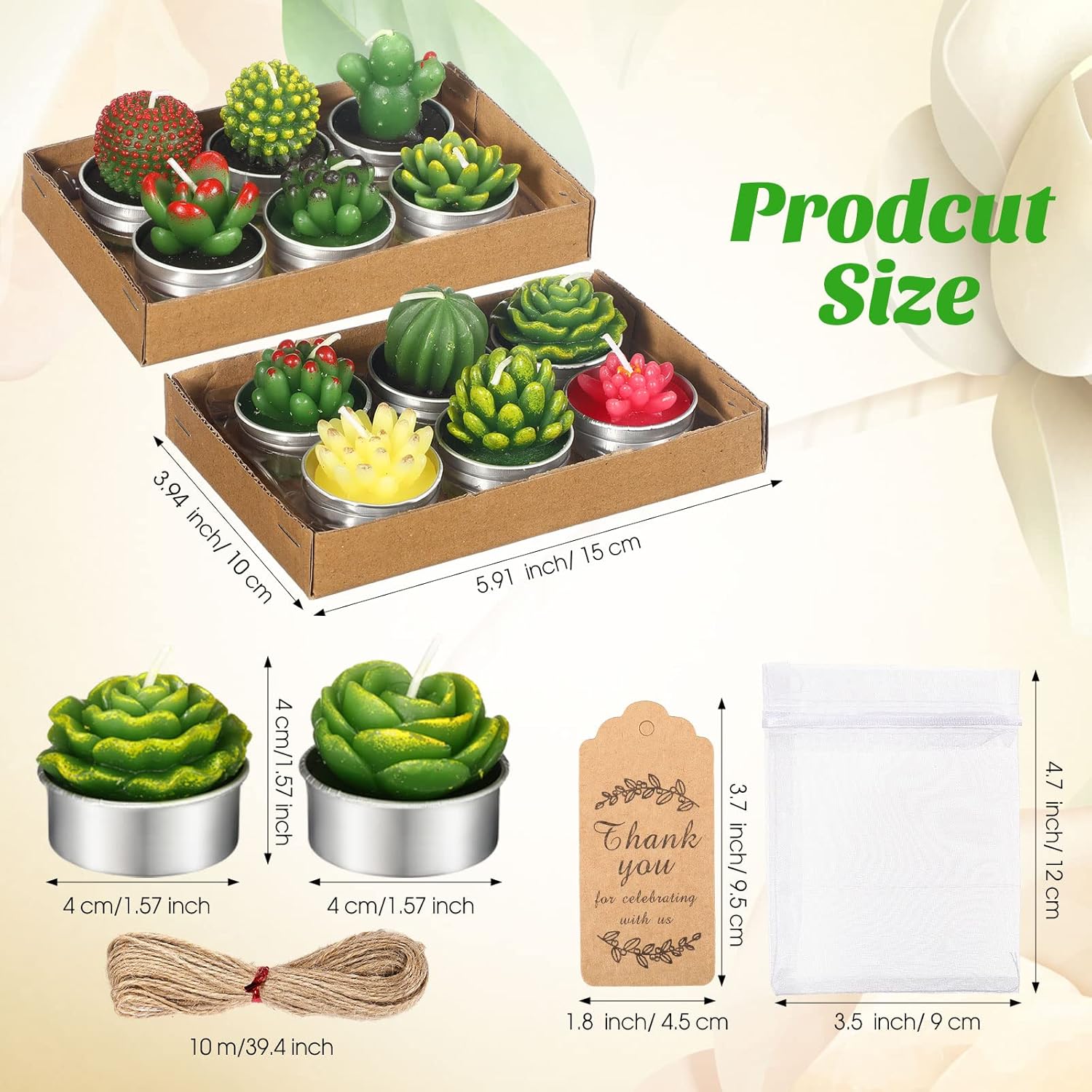 Treela 36 Pcs Cactus Succulent Tealight Candles with 36 Organza Gift Bags and 36 Thank You Card Tag Decorative Cute Candles Gifts for Birthday Wedding Christmas Party Home Decor - Image 2