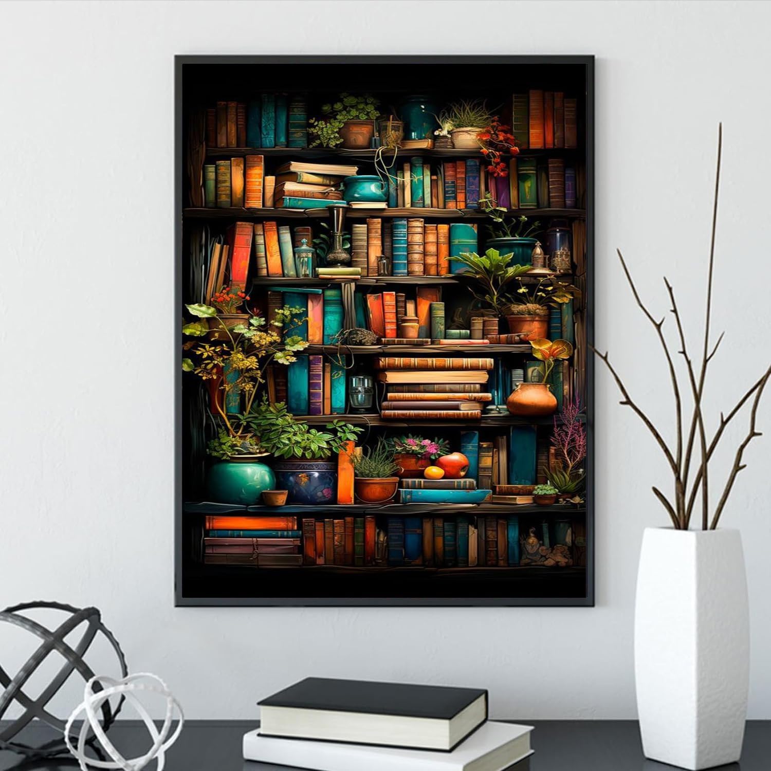 MjhRcll Stamped Cross Stitch Kits,Bookshelf Embroidery Starter Kit for Adult Beginners,Books Cross Stitch Kits for Adults 12×16 Inch
