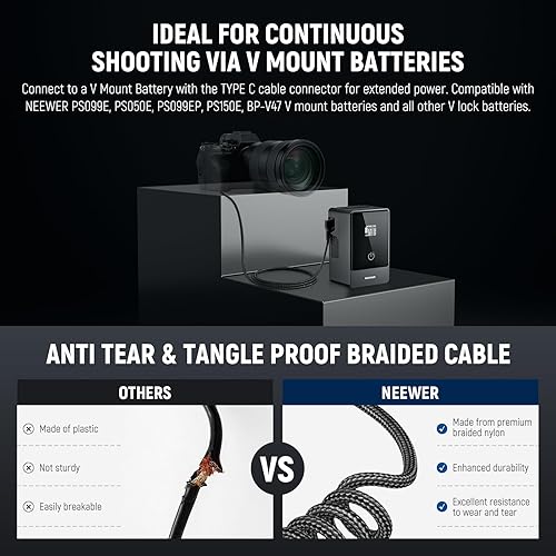 Miniatura 22 de NEEWER D Tap to NP-F550 Batería ficticia con cable para batería de montaje en V, fuente de alimentación estable para RGB660 RGB1200 RGB168 BH20B Luz