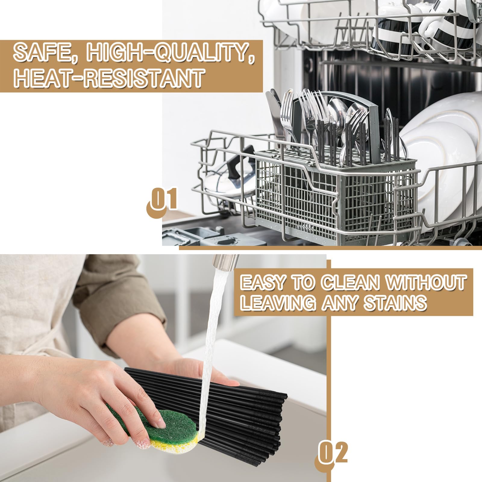 Dandat Lot de 200 paires de baguettes réutilisables en fibre de verre de 24,1 cm - Passe au lave-vaisselle - Noir - Pour cuisine japonaise de style chinois