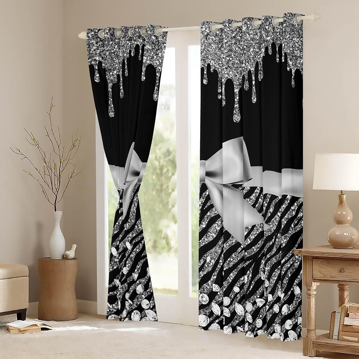 Cute Bowknot Kids Blackout Curtains,Bow-tie Zebra Skin Texture Abstract Window Drapes for Girls Women,Glitter Sequins Diamond Black Grey Noble Window Treatments Grommet Top 2 Panel Set,42Wx63L inch