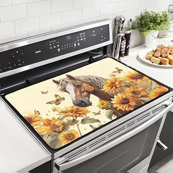 Stove Top Covers for Electric Stove Heat Resistant Stove Top Protector Sunflower Horse Cooktop Cover Anti-slip Dish Drying Mats for Kitchen, 29x 21Inch