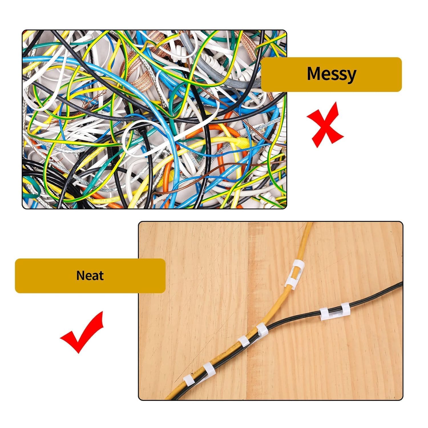 Kyrotech Juego de 100 clips adhesivos para cables, organizador de cables, soporte de cables para escritorio y pared, estabilizador de cables, adecuado para gestión de cables de oficina en casa, USB
