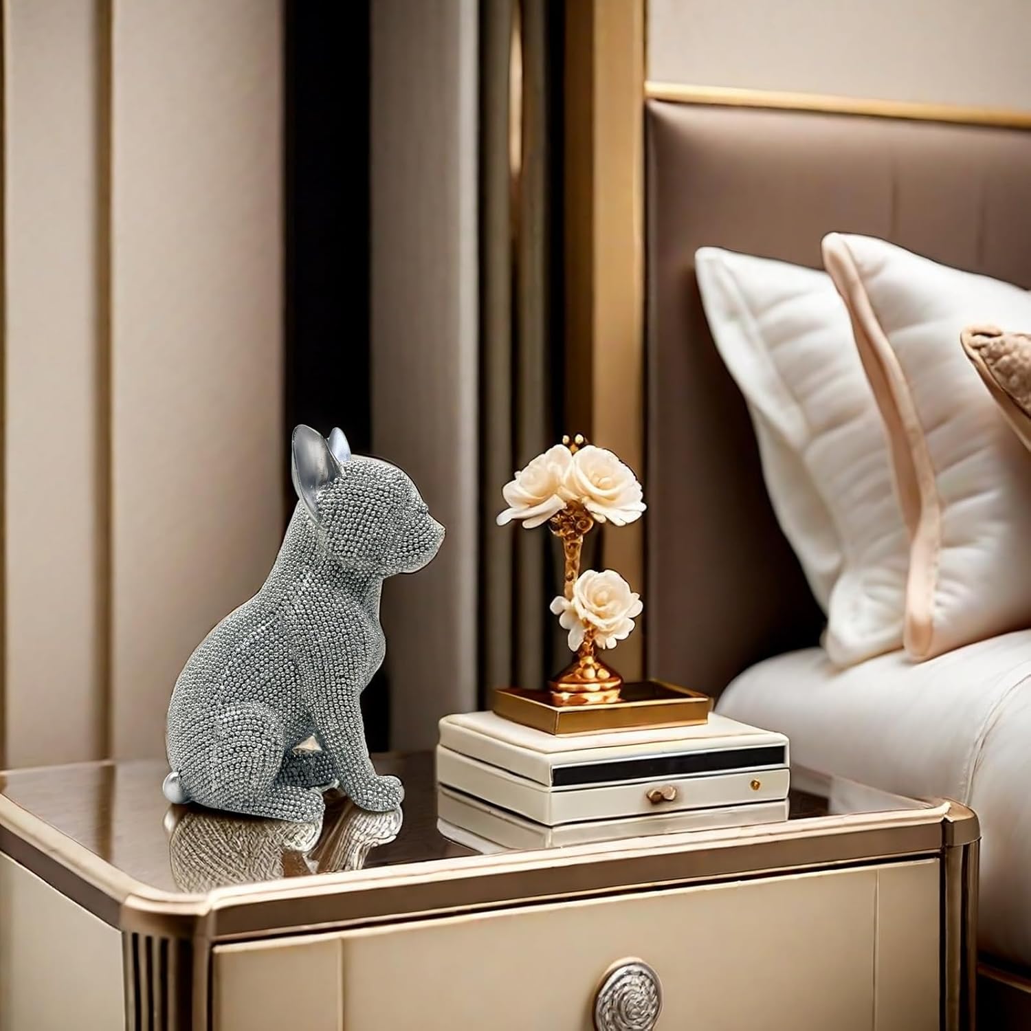 FUNSXBUG 6.5 Inch Resin French Bulldog Statue Dog Figurines Sculpture Collectibles Home Office Desktop Decor Outdoor Garden Display Decoration (Silver)