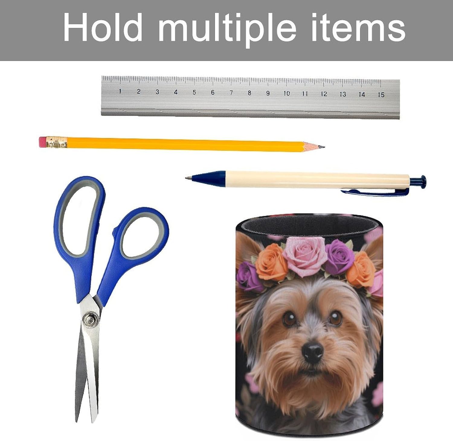 Office Yorkie Floral Desk Organizer Pen Holder Round image 5