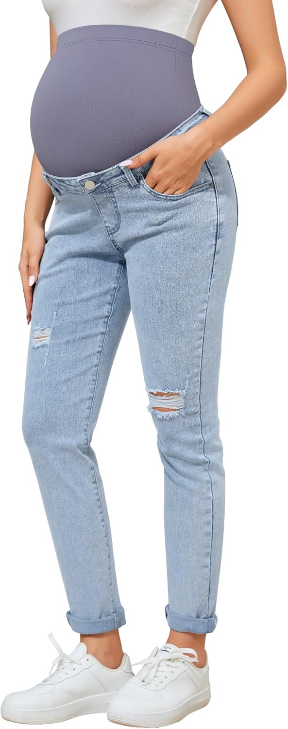 AMPOSH Women's Maternity Ripped Jeans High-Rise Stretchy Distressed Denim Pants with Belt Loops & Pockets