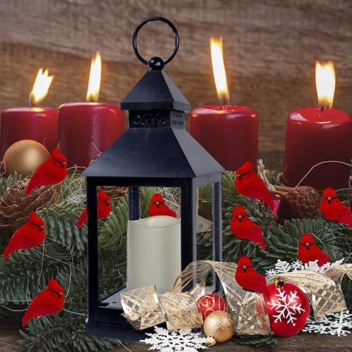 Miniatura 8 de Adornos de Navidad con clip cardenal, decoraciones navideñas, clips plateados, cuerpos flocados rojos con alas de plumas y cola, 20 piezas,