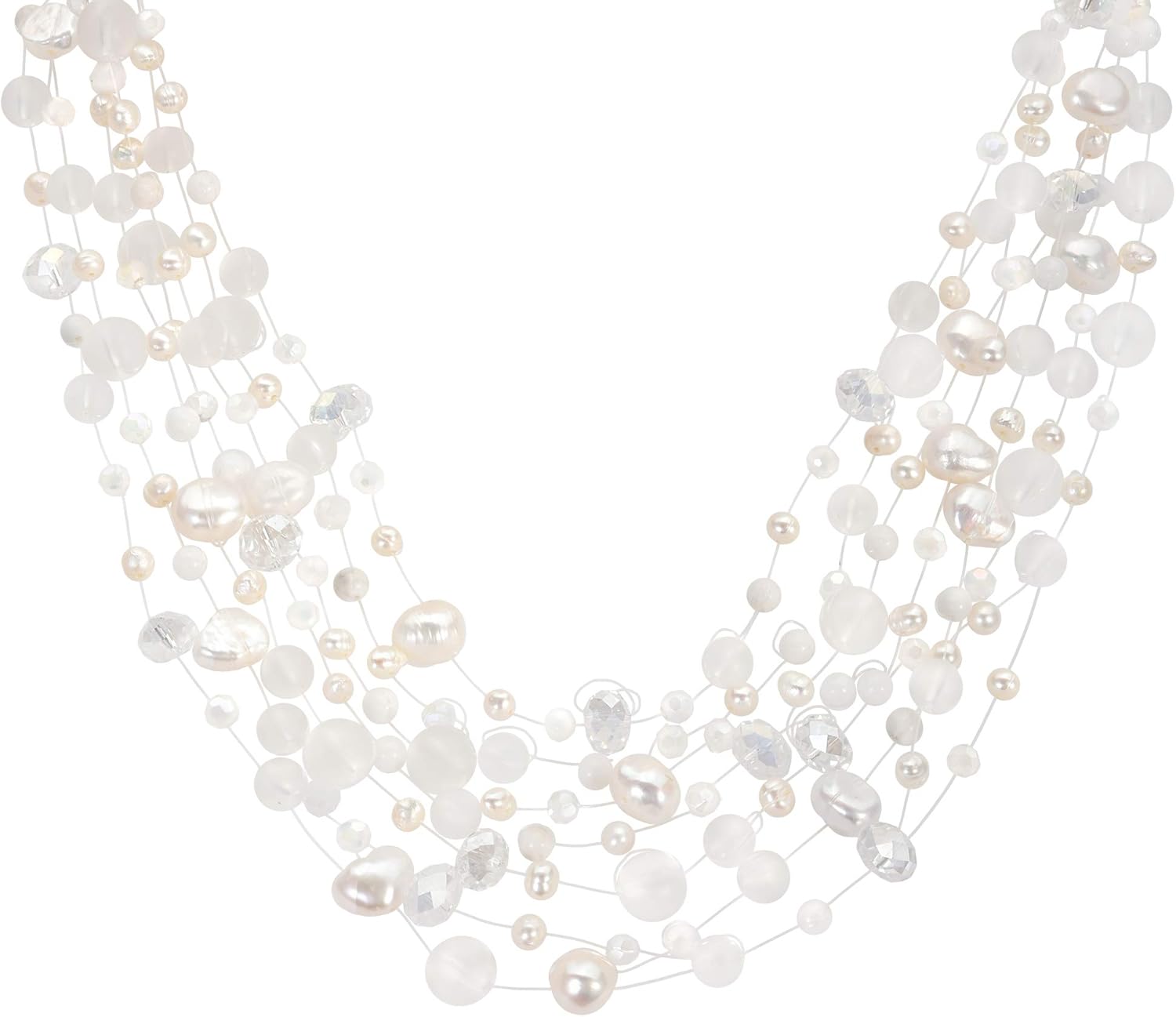 AeraVida Classy & Elegant Multi-Strand Cultured freshwater White Pearls with Reconstructed Agate Stone on Silk Thread Layered Necklace for Wedding Fashion Accessories with a Vintage Vibe