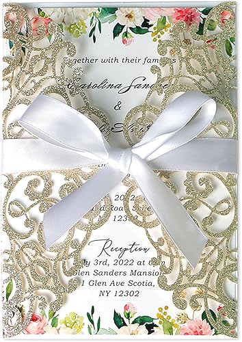 Ponatia - 25 tarjetas de invitación cortadas con láser de 5.12 x 7.1 pulgadas con sobres para bodas, fiestas de compromiso, cumpleaños, Champán