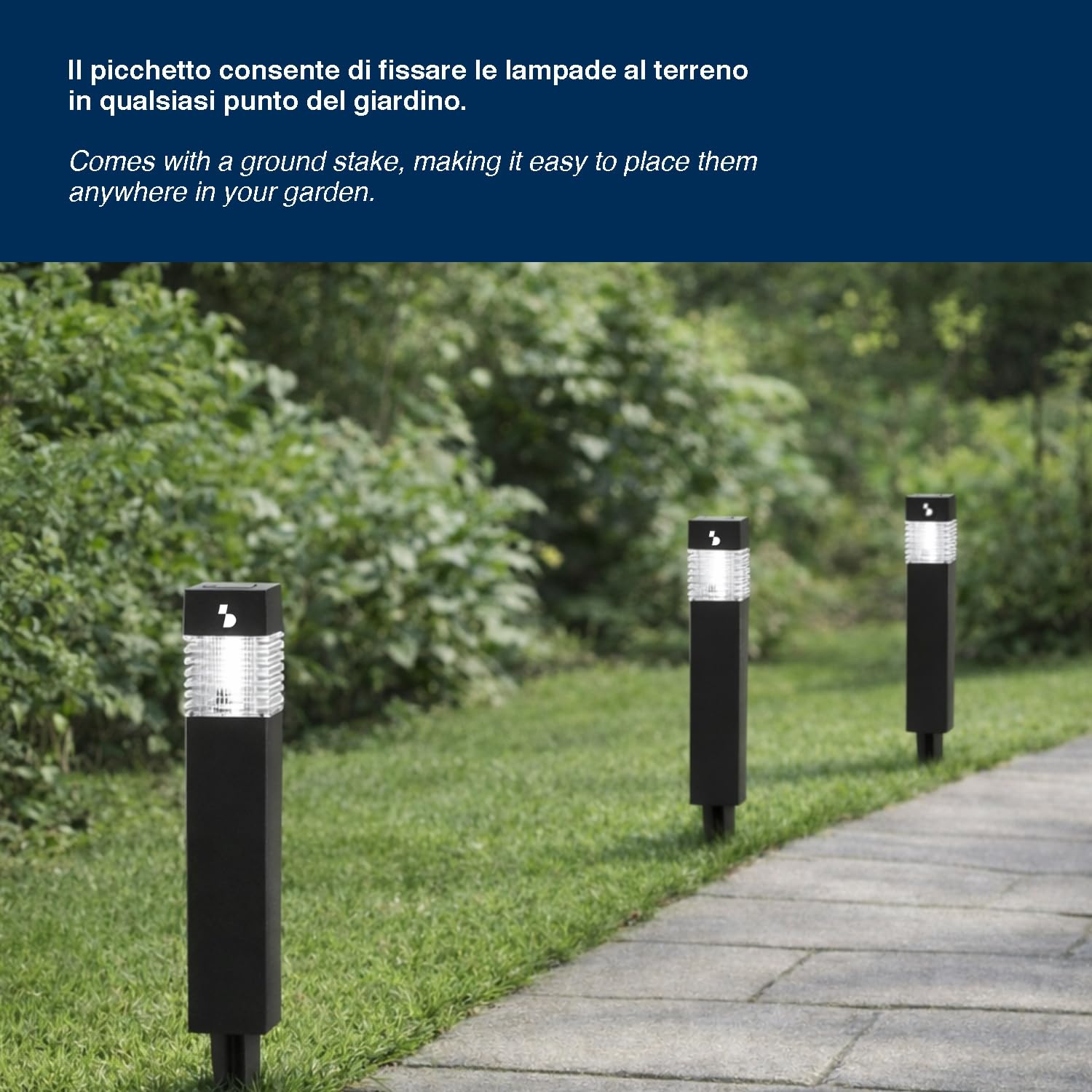 BEPER P207ILO030 Zestaw 3 solarnych lamp schodowych, zewnętrzne lampy solarne LED z kolcami, automatyczne włączanie, oświetlenie ścieżek i rabat kwiatowych, IP44