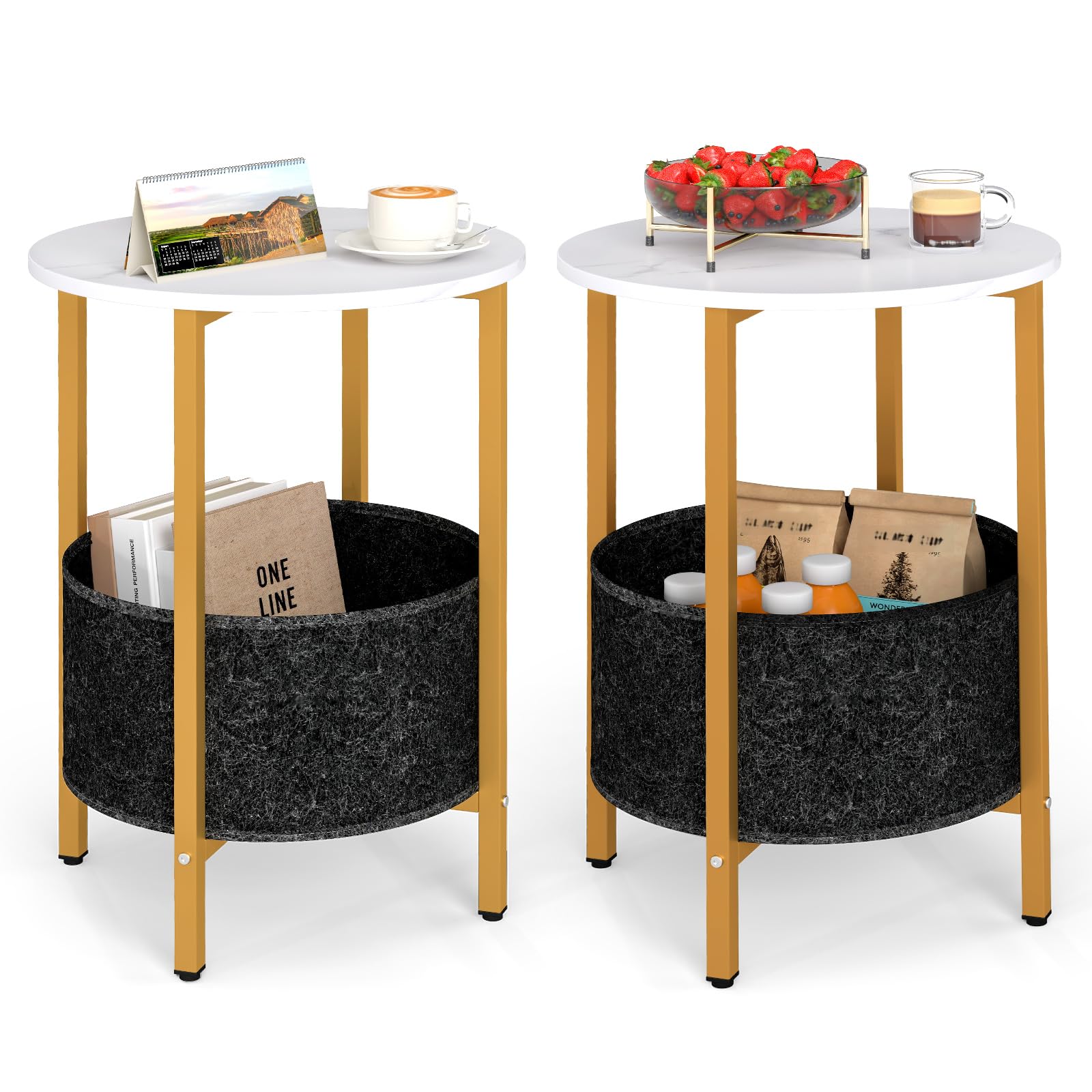 Giantex Round End Table Set of 2, Small Side Tables w/Removable Fabric Basket, Modern Bedside Tables w/Metal Frame, Sofa Couch Accent Tables for Small