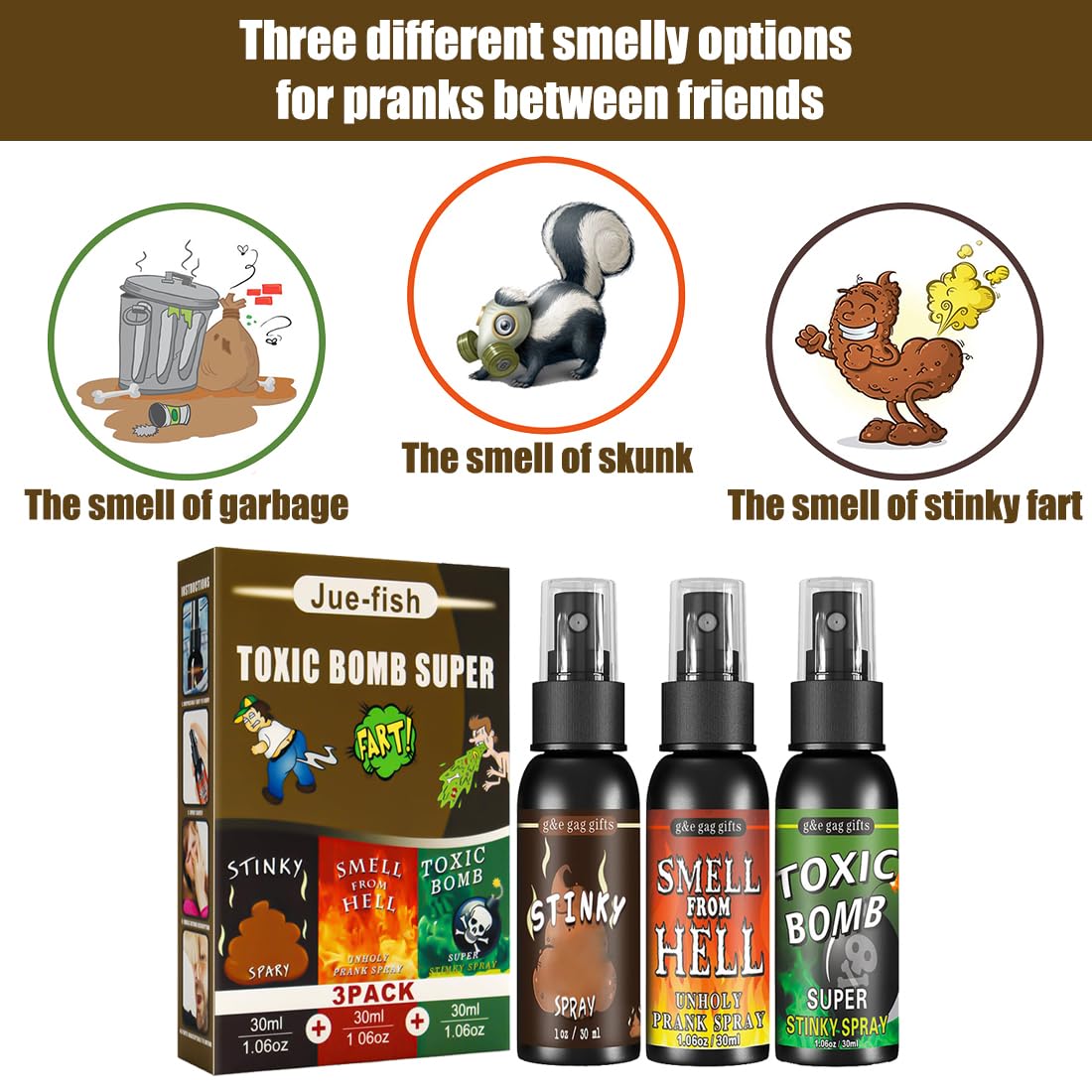 HONGECB Spray Puant Caca – 3 Flacons De 30ml – Farce Extrême, Odeur Longue Durée – Idée Cadeau Humoristique Pour Enfants Et Adultes