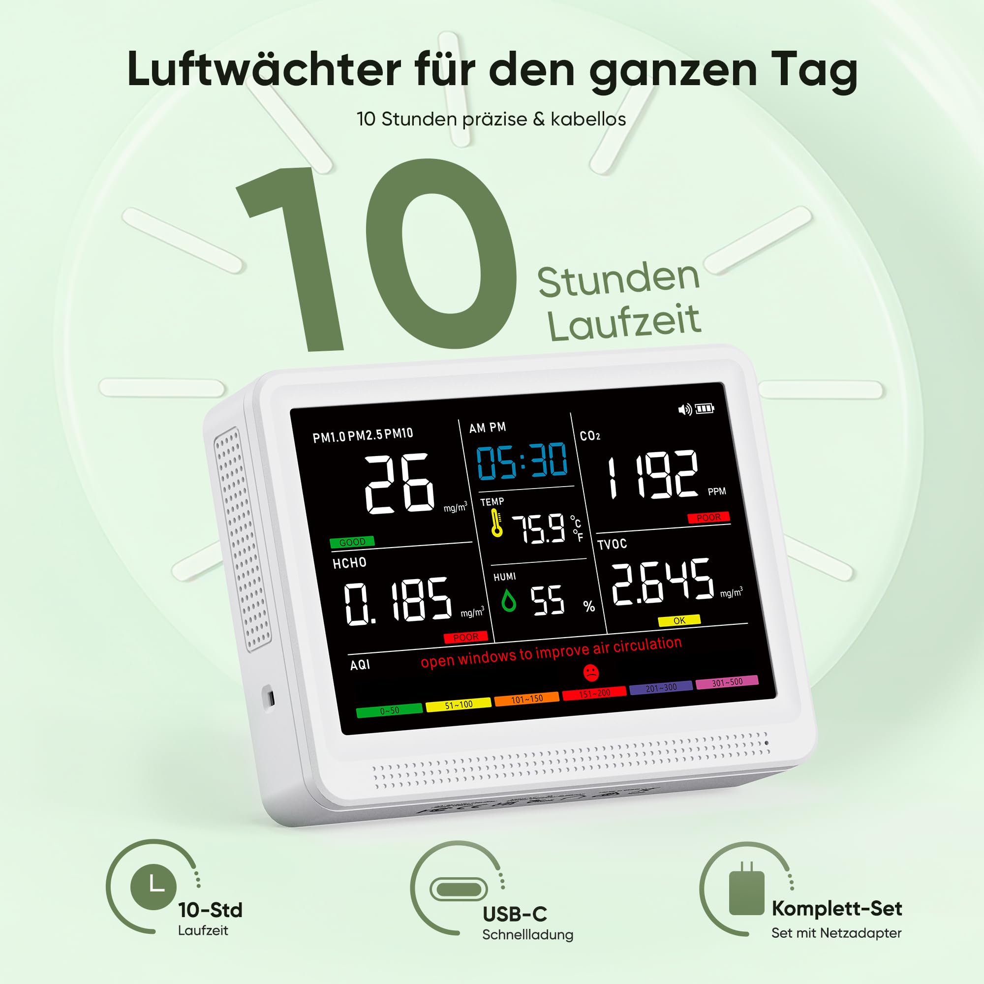 bonoch 16 in 1 Luftqualität Messgerät Luftmessgerät 9 AQI + 7 AQI Warnungen 5.5" Air Quality Monitor für CO2, TVOC, PM2,5, PM1,0, HCHO, Temperatur Feuchtigkeit AQI & Uhrzeit Luftqualitätsmonitor-Weiß