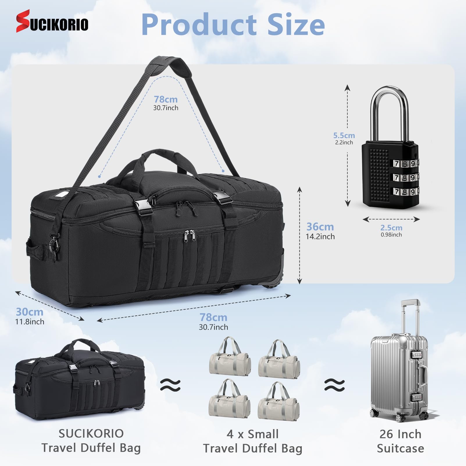 Borsone da Viaggio Con Ruote, Impermeabile 3 In 1 Militare Zaino da Viaggio Aereo Bagaglio a Mano con Lucchetto Combinazione 3 Cifre Grande 85L XL Trekking Borsa da Viaggio Unisex Weekender
