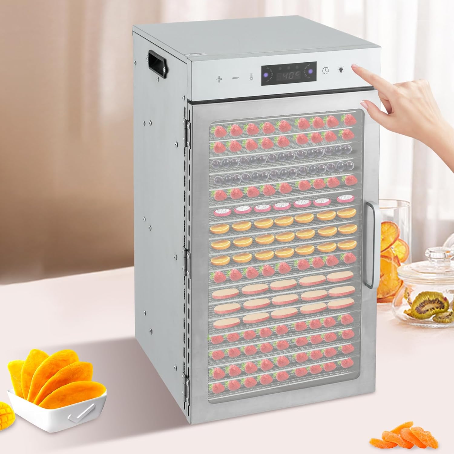 Food Dehydrator, Stainless Steel Dehydrator Machine with 18Grids, Adjustable Timer&Temperature Control, Dehydrator for Herbs with LED for Drying Flower Tea Dried Fruits Meat