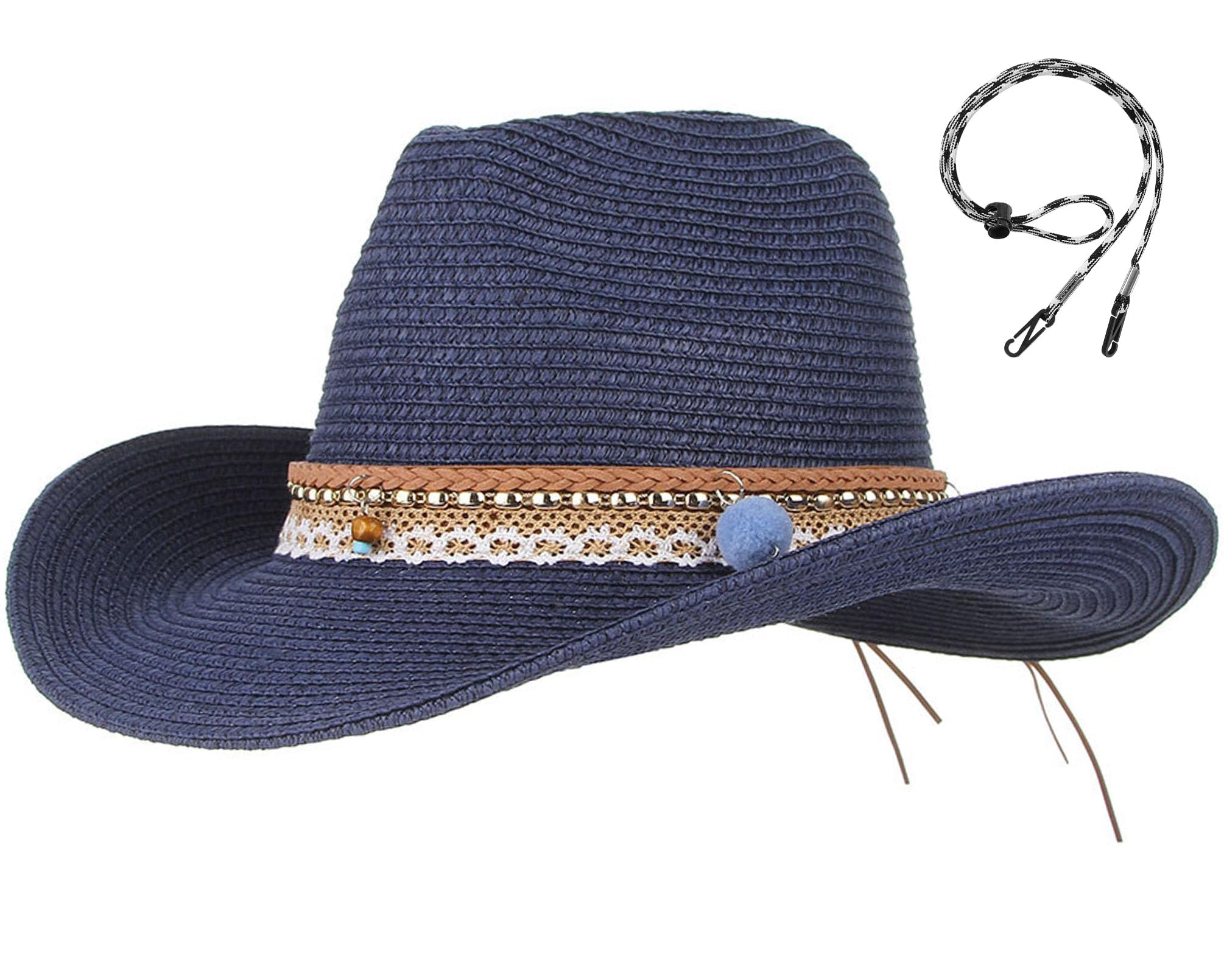 GEMVIE Summer Cowboy Cowgirl Hat Unisex Roll up Brim Fedora Straw Sun Hat Western Cowboy Hat Straw Beach Cap Navy