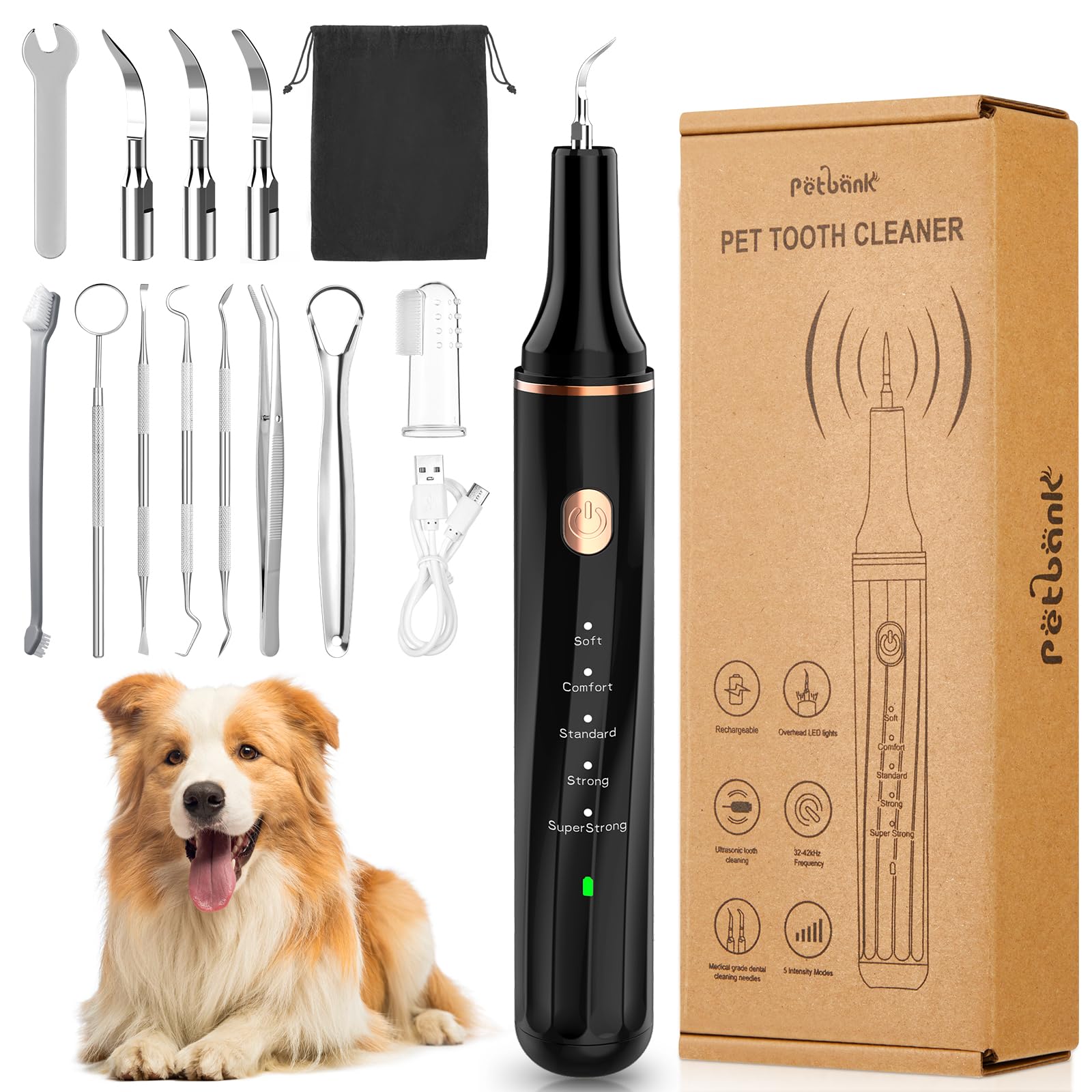 Kit de limpieza dental ultrasónico Petbank para perros y gatos, eliminador de sarro dental ultrasónico para perros y gatos, 5 modos de limpieza y 4 cabezales de limpieza para mascotas