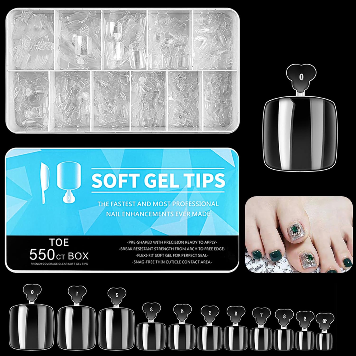 550Pcs Soft Gel Full Cover Toe Nail Tips,11 Sizes Gel Nail Tips Full