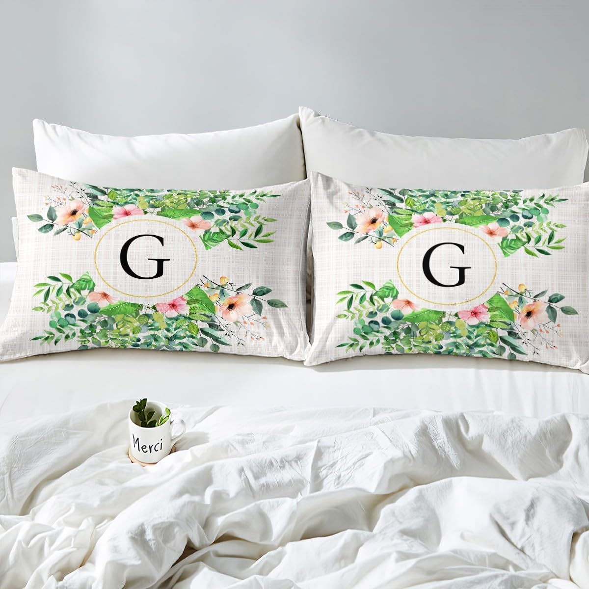 Initial Letter G Fitted Sheet,Green Leaves Watercolor Flowers Bedding Set for Kids Teens Adults,Country Rustic Garden Style Bed Sheet with 2 Pillowcases(No Top Sheet),Queen Size 3 Pcs