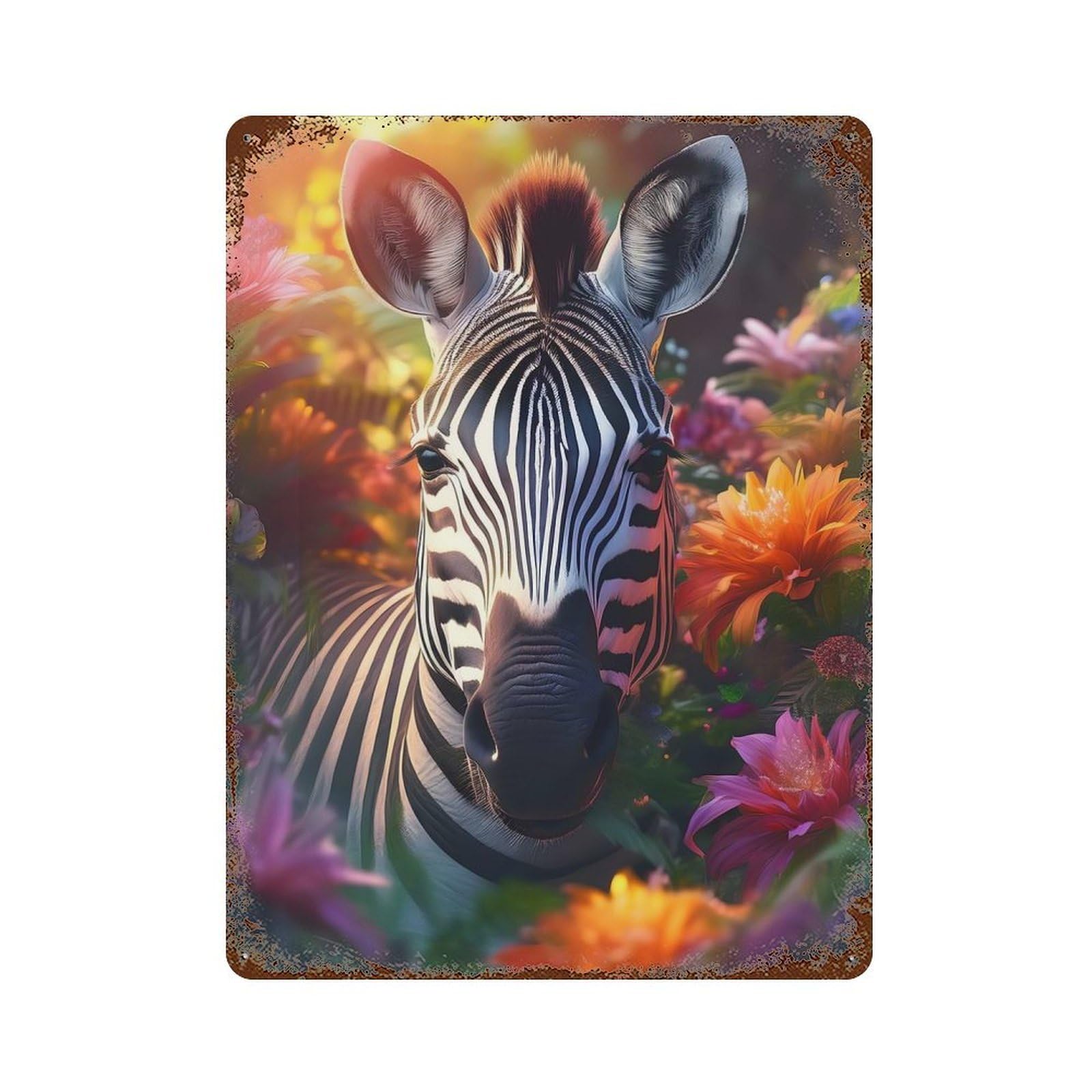 Rust Effect Zebra in Flowers Rusty Metal Tin Sign 15.7"x11.8", Old School Wall Decor for Pub, Kitchen And Man Cave Decor