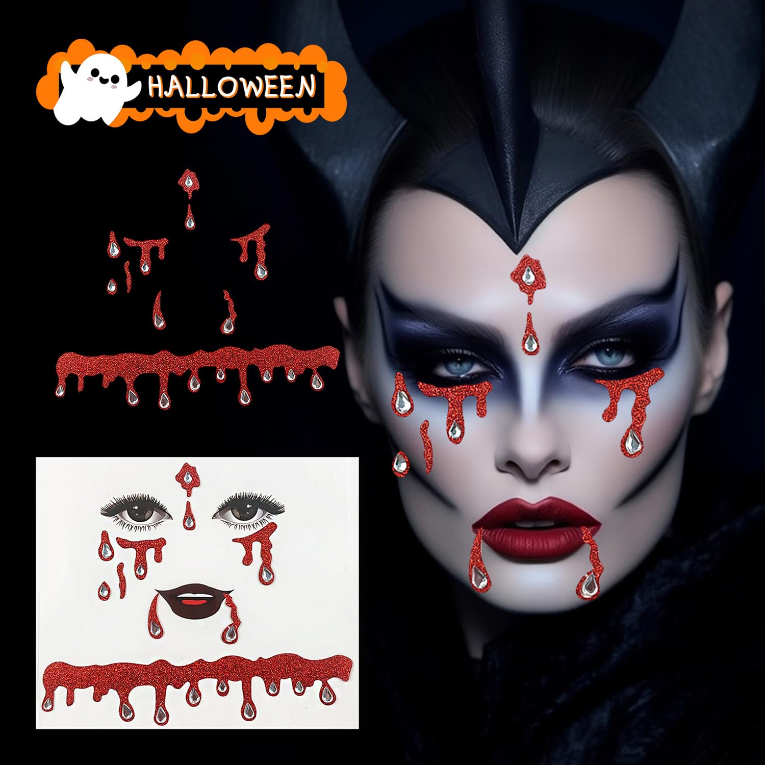 JNAWA 2Pieces Halloween Vampire Makeup Stickers Glitter Face Jewels Fake Blood Drop Funny Halloween Stickers for Women Vampire Costume Accessories - Image 3