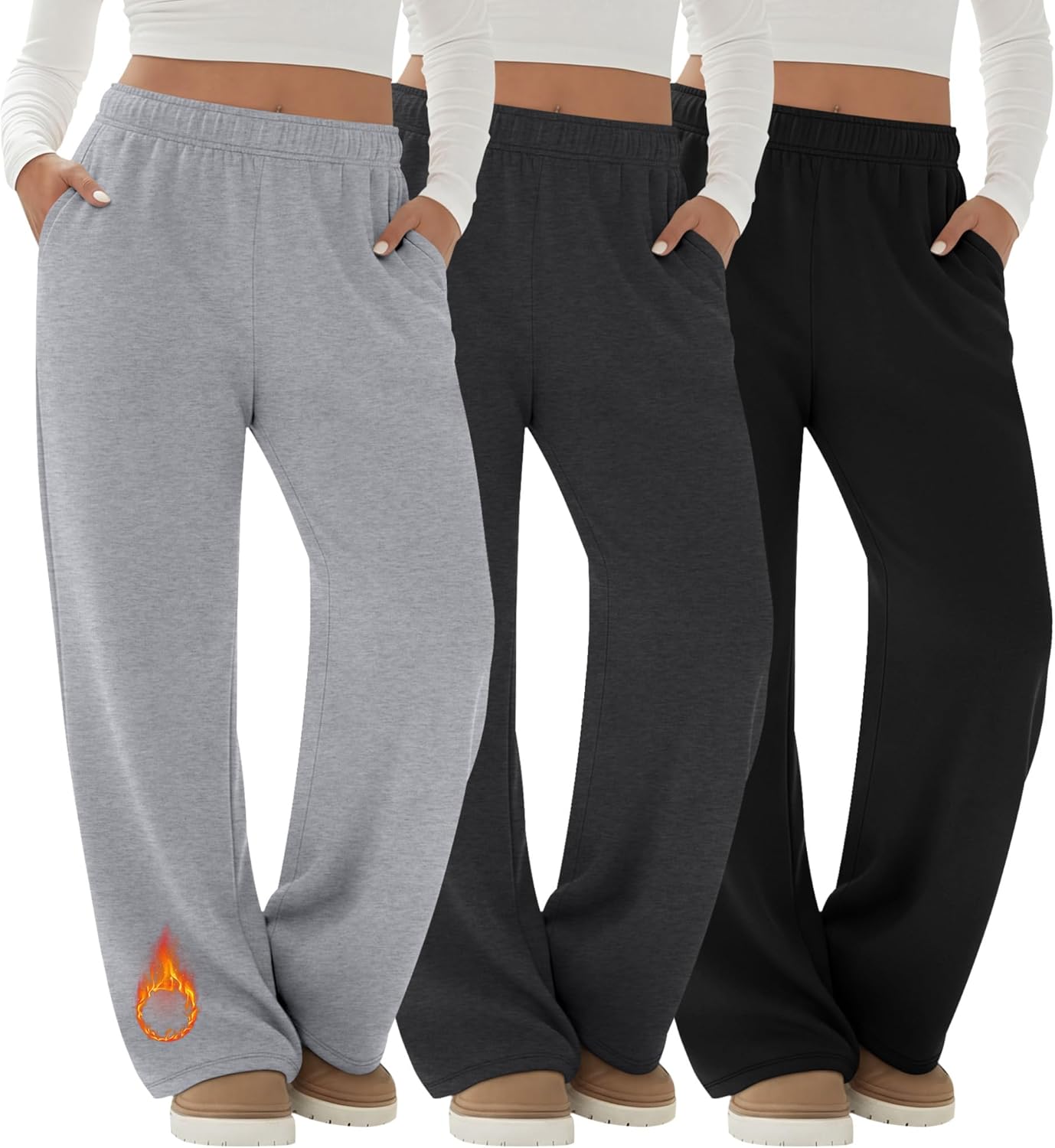 Velvelhall 3 Pack Women's Fleece Plus Size Wide Leg Sweatpants Lined Baggy Pants Drawstring Casual Joggers with Pockets