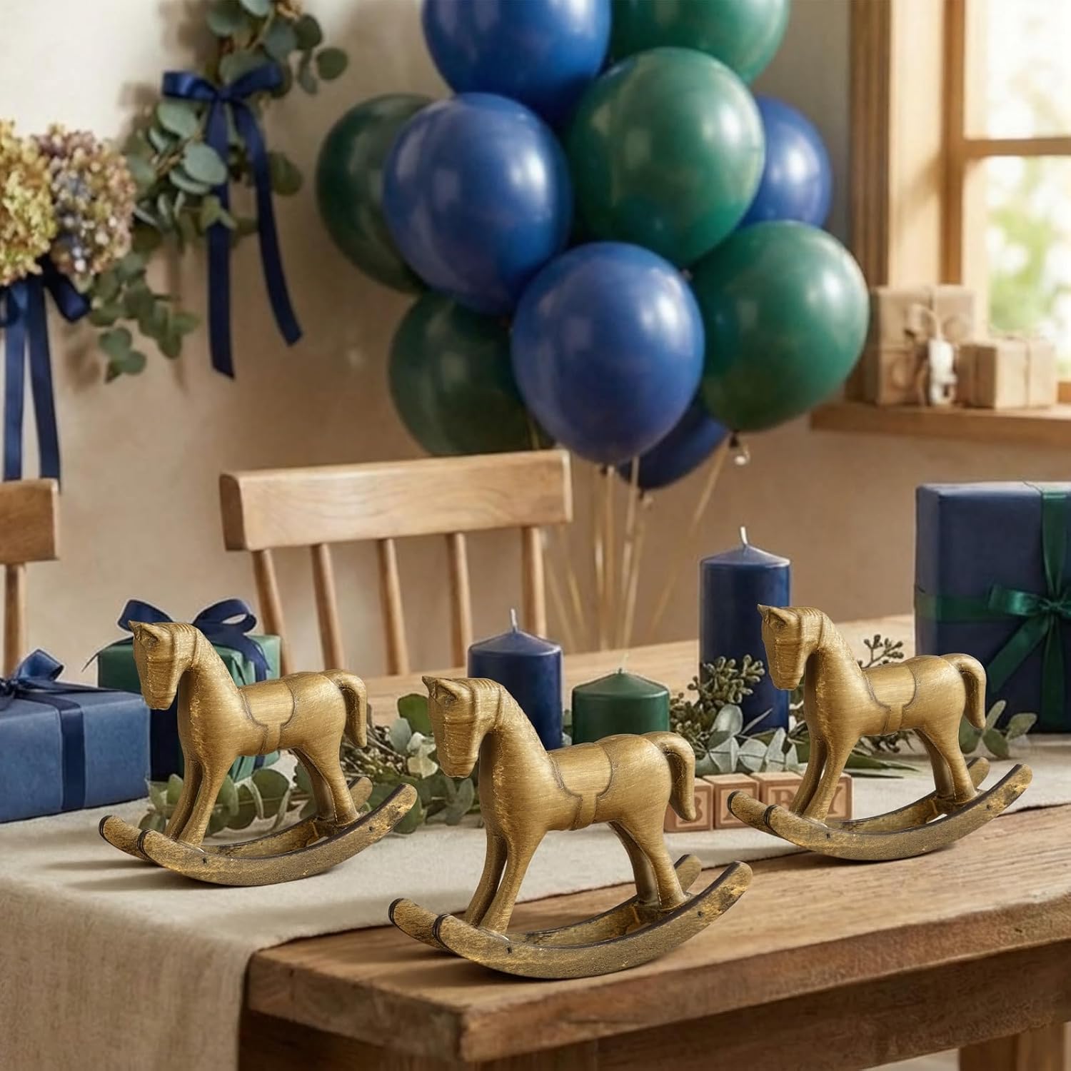 Vicenpal 6 Pack Baby Shower Wooden Vintage Rocking Horse Table Decoration for Blue Green Tartan Plaids Party Centerpiece Rocking Horse Decor for Baby Shower Party Wedding Birthday Decor (Brown)