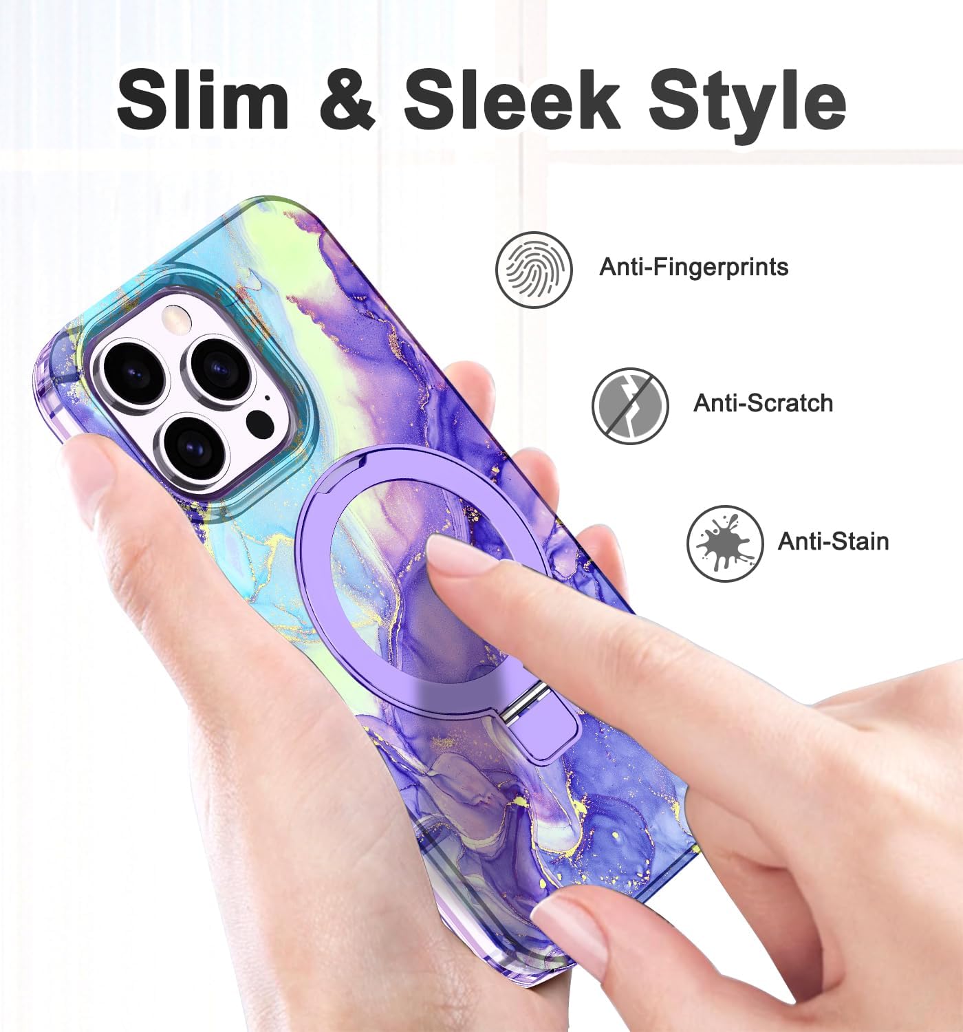 Lamcase for iPhone 13 Pro Case with Magnetic Invisible Ring Stand [Compatible with MagSafe], Full Body Rugged Slim Women Men Girl Shockproof Marble Pattern Design Case, Violet - Image 6