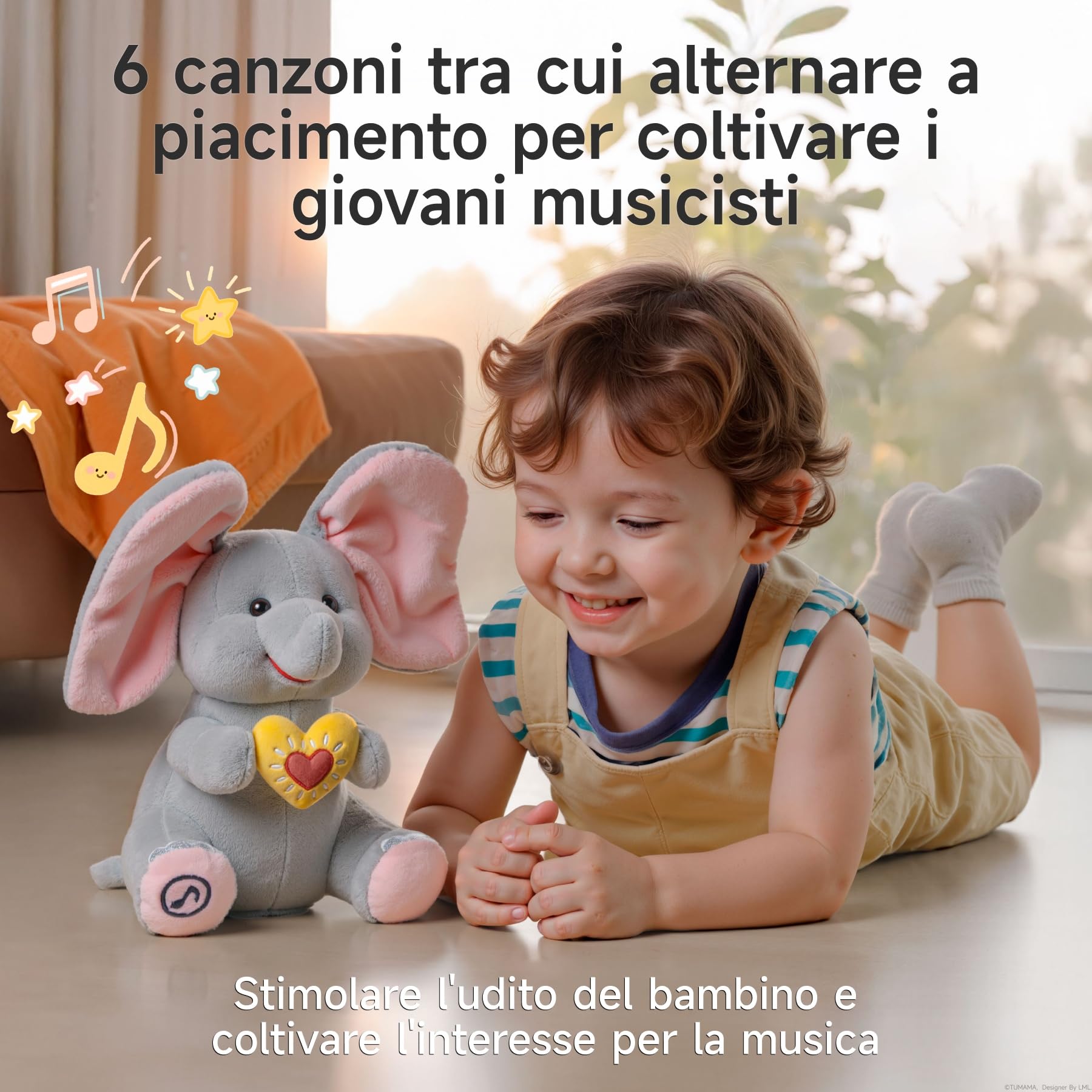 Elefante di Peluche Elettrico Animato con Orecchie Mobili e Musica, Regalo per Bambini