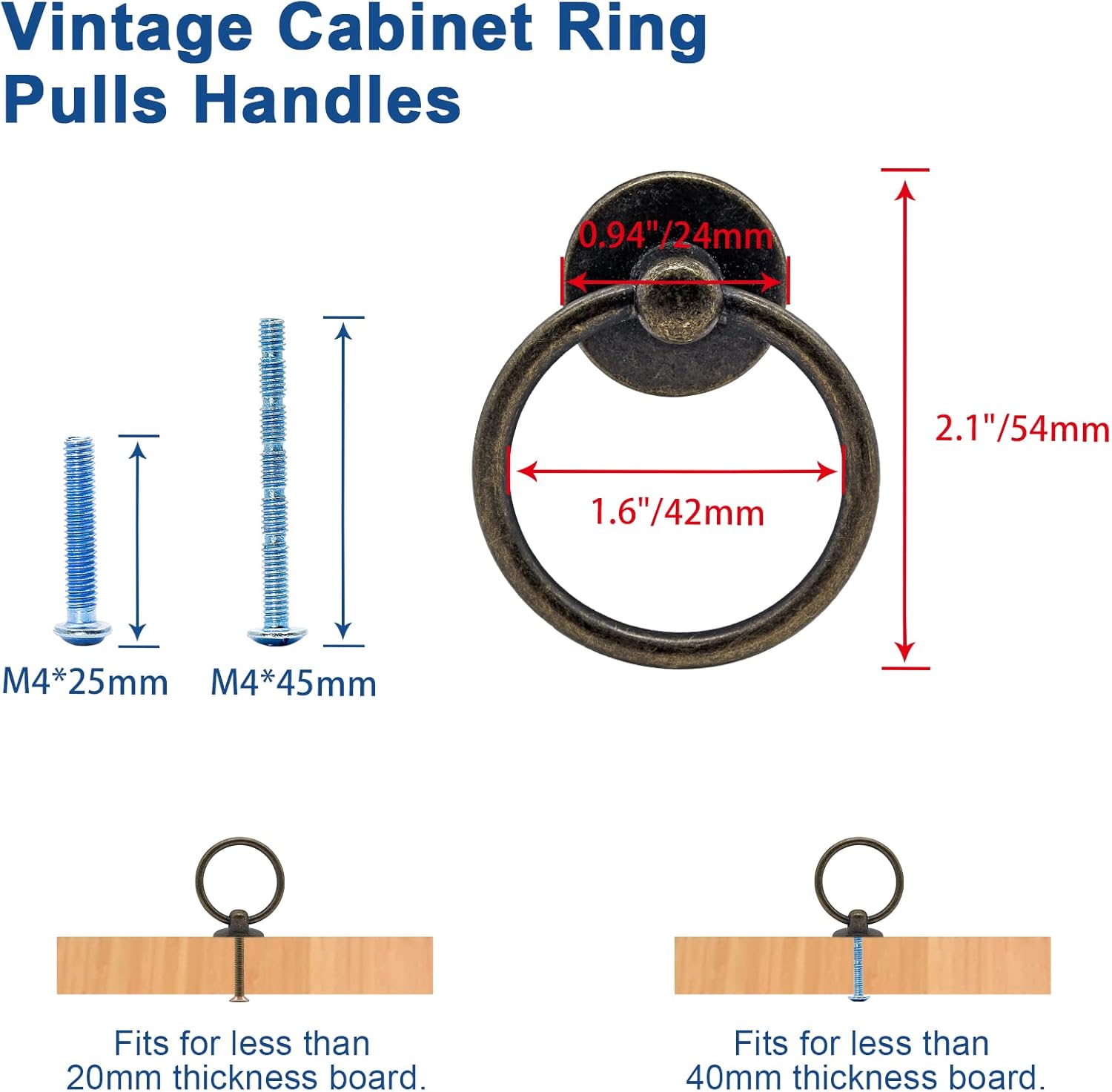 Luomorgo 6 Pcs Antique Bronze Ring Pull Handle Knobs, Vintage Dresser Drawer Pulls for Kitchen Cabinet Cupboard Chest Metal Drawer Drop Ring Pulls