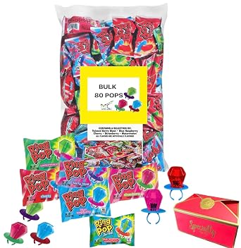 Ring Pop BULK 80 Count Individually Wrapped Lollipop Suckers w/Assorted Fruity Flavors - Fun Candy for |Easter basket fillers| Party Favors, Birthday,Any Occasion |Bonus MajuuConnect Candy box