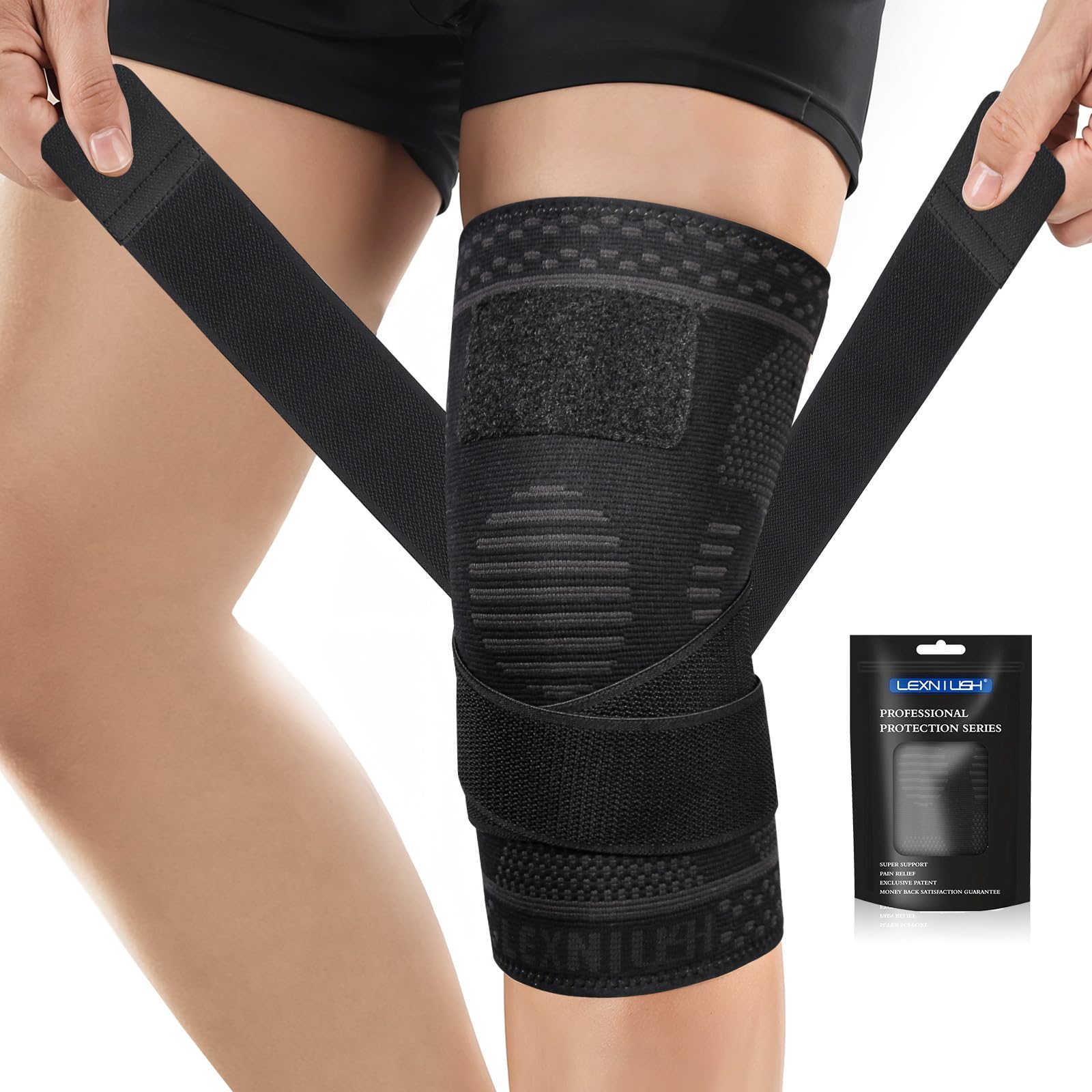 Lexniush Kniebandage für Männer/Frauen, Kompression Kniestütze mit Verstellbarer für Arthritis, Meniskusriss, ACL, MCL, Knieschmerzen, Knieorthesen Rechts/Links Bandage Knie für Laufen, Joggen, Sport