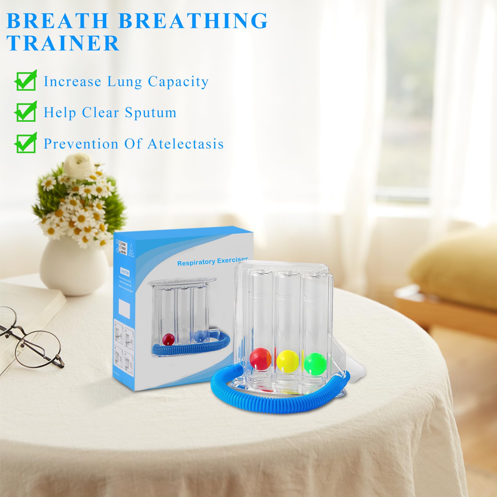 Appareil Exercice Respiratoire, Exerciseur Respiratoire Pulmonaire Profond, Spiromètre Incitatif, Inspiromètre Exercice Pulmonaire avec 3 Boules pour les Exercices de Respiration Thérapie (600~1200CC)
