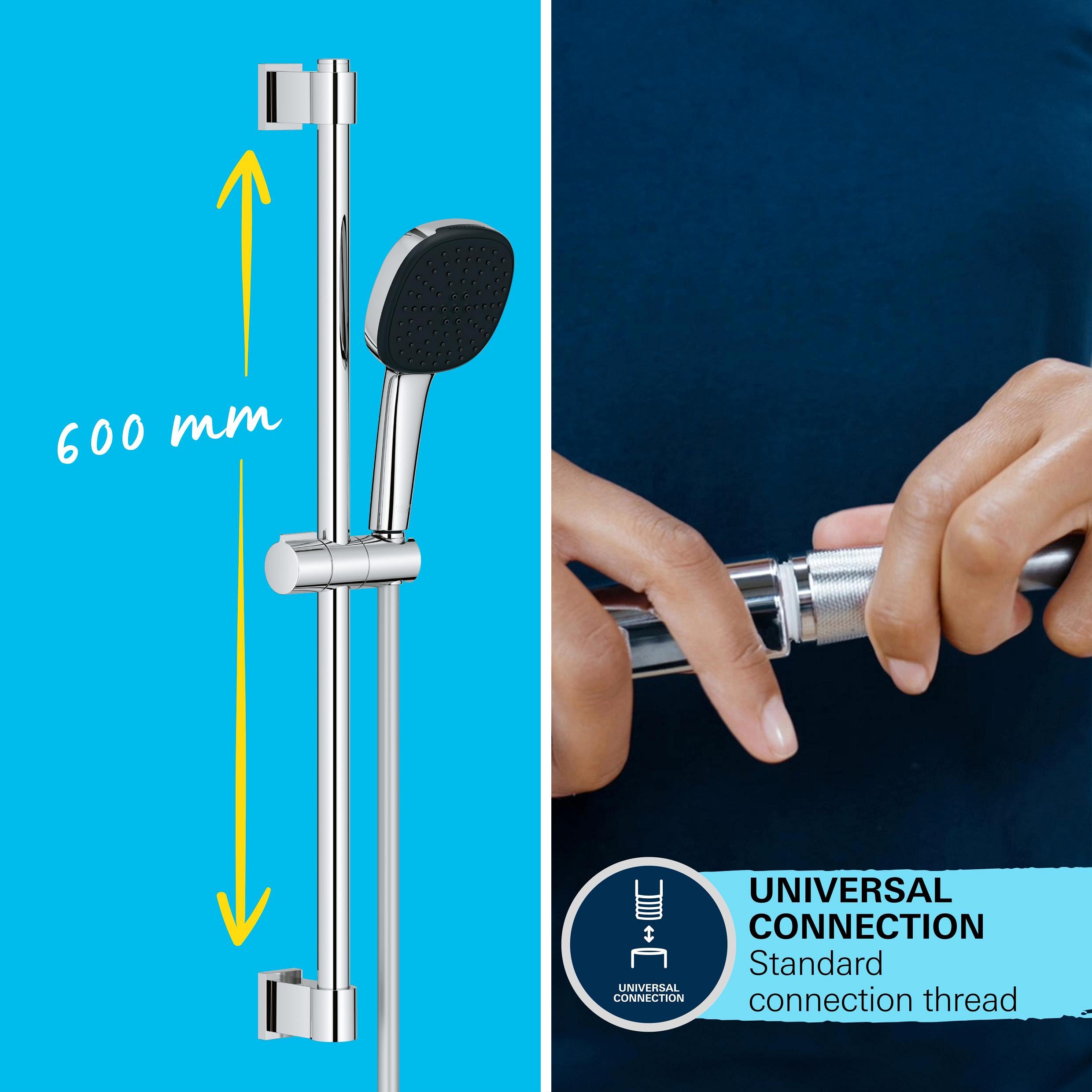 GROHE Vitalio 110 - douchestangset waterbesparend - 8 l per minuut (3 straalsoorten, douchestang 90cm, lijmen of boren), rond, chroom, 26956001 GROHE Vitalio 110 - douchestangset waterbesparend - 8 l per minuut (3 straalsoorten, douchestang 90cm, lijmen of boren), rond, chroom, 26956001