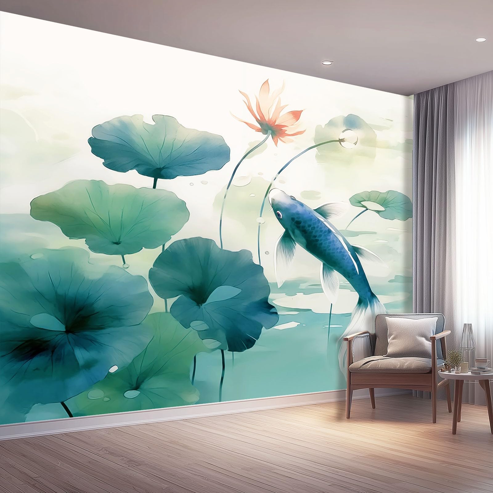 Tapeta z włókniny 350 x 256 cm, ryba chiński liść lotosu, dekoracja ścienna do dużego pokoju młodzieżowego, niebiesko-zielona