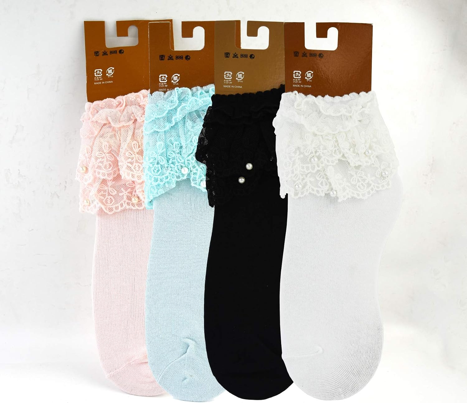 Womens Ruffle Socks with Pearls, Cute Frilly Princess Girl Lace Ankle Socks