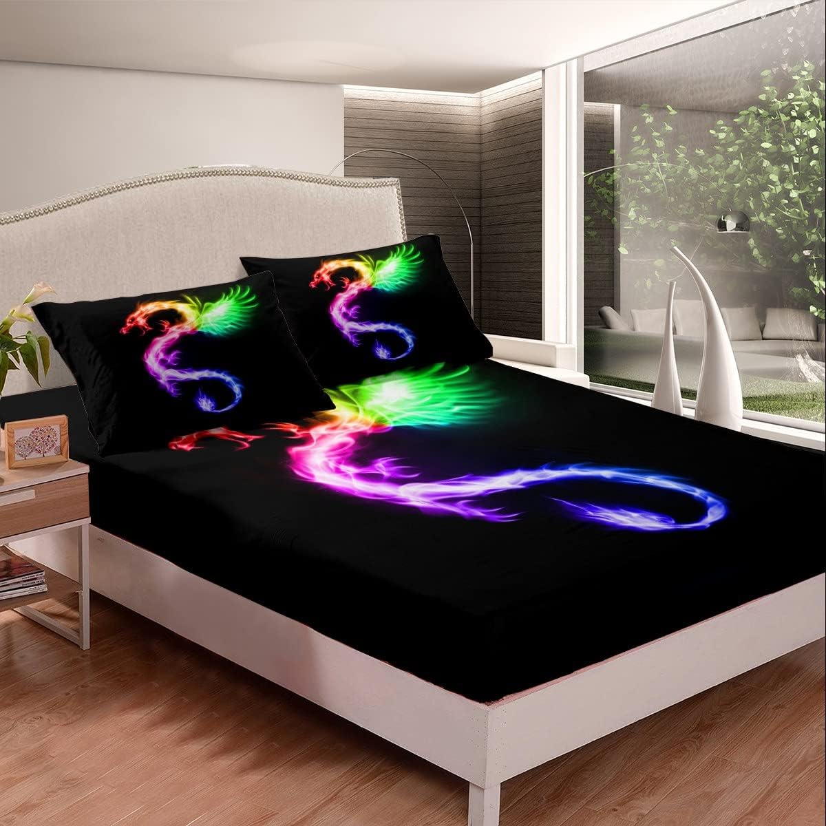 Kids Rainbow Dragon Fitted Sheet Queen Size,Abstract Art