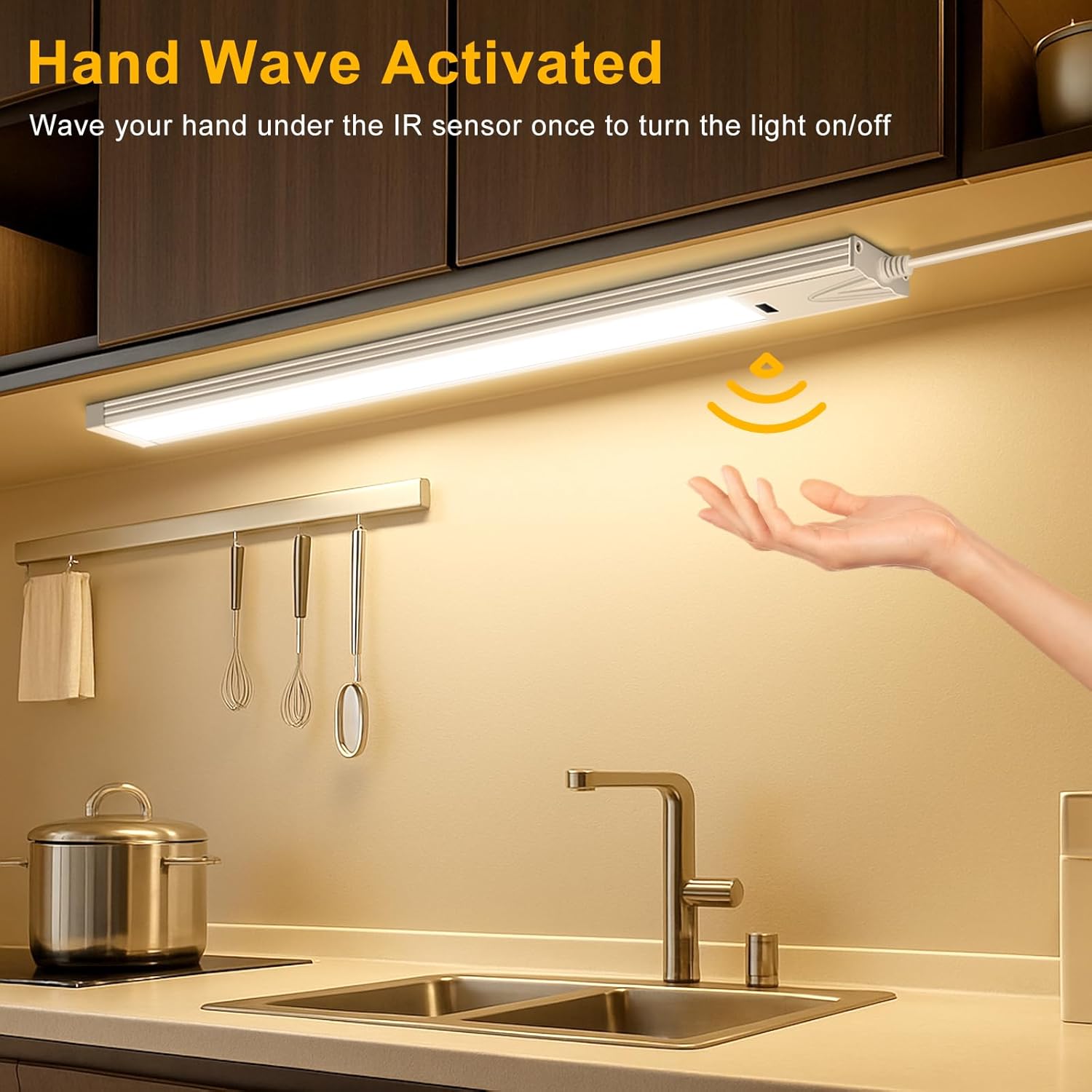 16 Inch Under Cabinet Lights Plug in, 96 LED with Hand Wave, 3 Colors Dimmable Under Cabinet Lighting, 8W 500 Lumen, Under Counter Lights for Kitchen Cupboard Closet Desk Office Garage,1 Pack