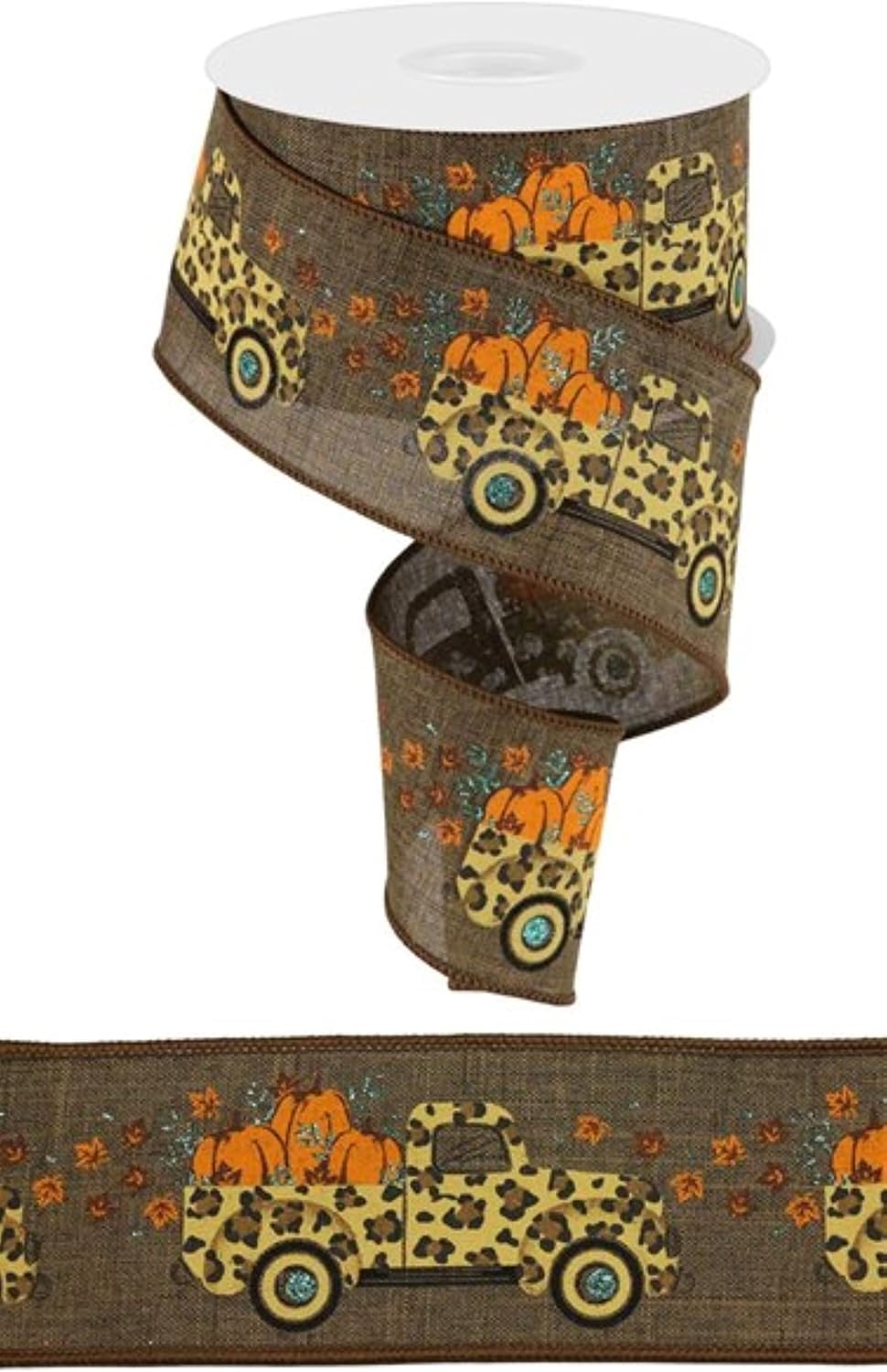 Pumpkin Fall Leopard Truck Wired Edge Ribbon, 10 Yards (Brown, 2.5 Inch)