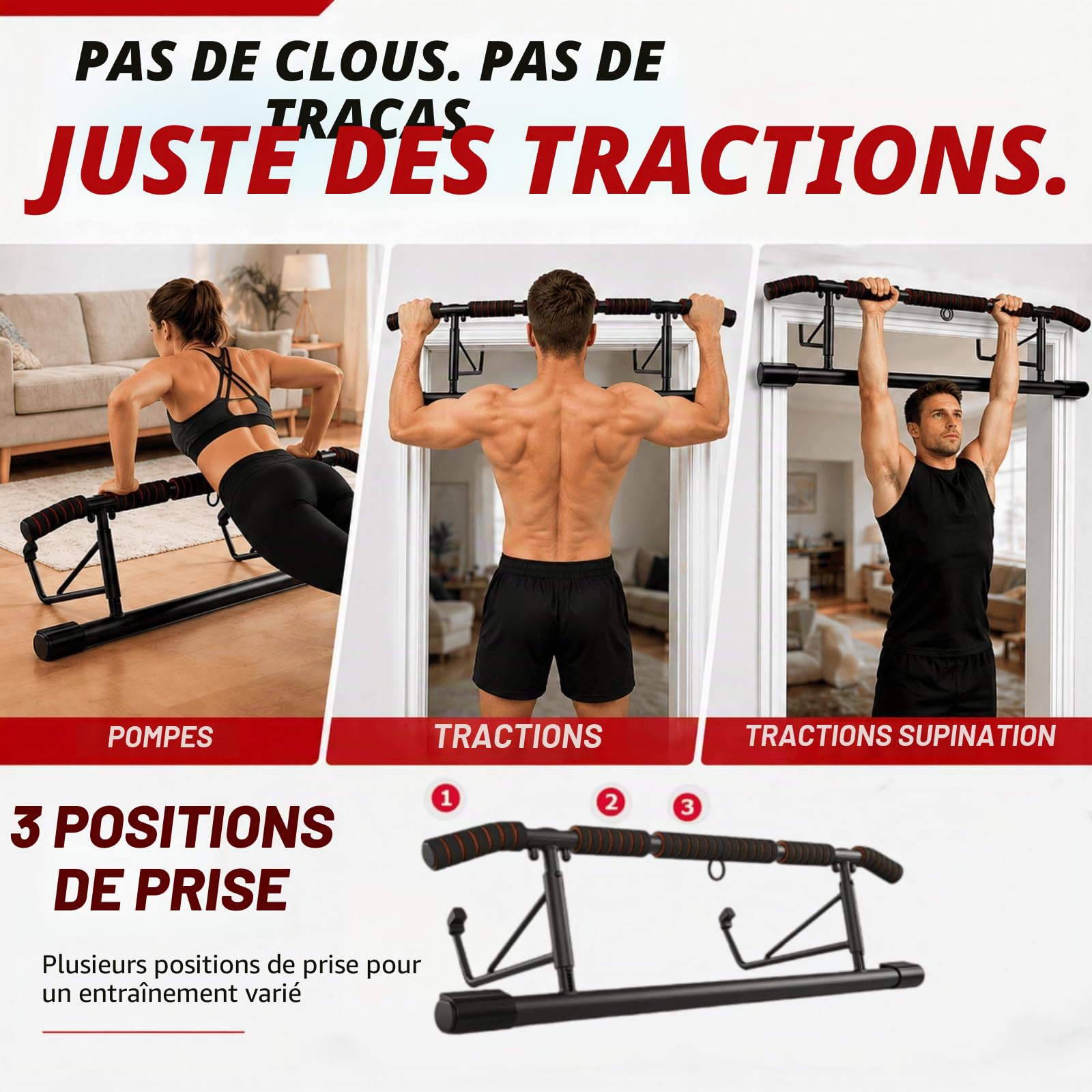 Barre de Traction Porte sans Perçage, Pull Up Bar avec Multi-Prises, Idéale pour Maison & Home Gym Bar de Traction