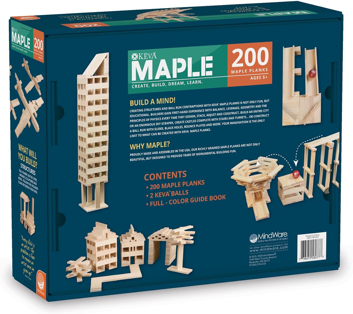 MindWare KEVA Maple 200 Plank Wooden Building Blocks Set - Free-Form 3D Structure Building Set for Kids