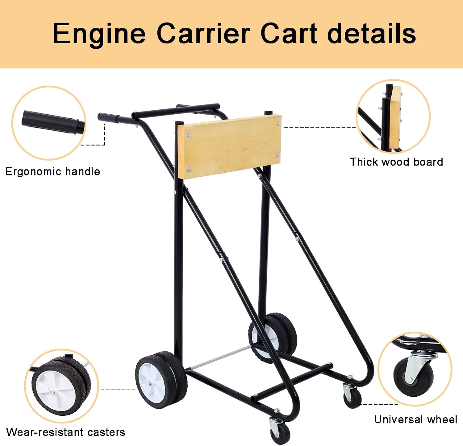 Outboard Motor Stand with Wood Hanging Board 315 lbs Capacity Engine Stand Cart with 4 Wheels Portable Outboard Motor Carrier Dolly for Storage Maintenance and Repair Fits 6hp and Larger Motors Black