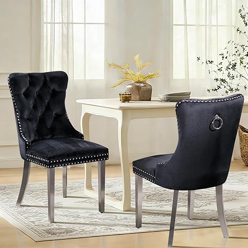 Miniatura 21 de Juego de 6 sillas de comedor de cuero, sillas laterales con respaldo alto, silla lateral tapizada moderna con anillo trasero de botón, patas de negro