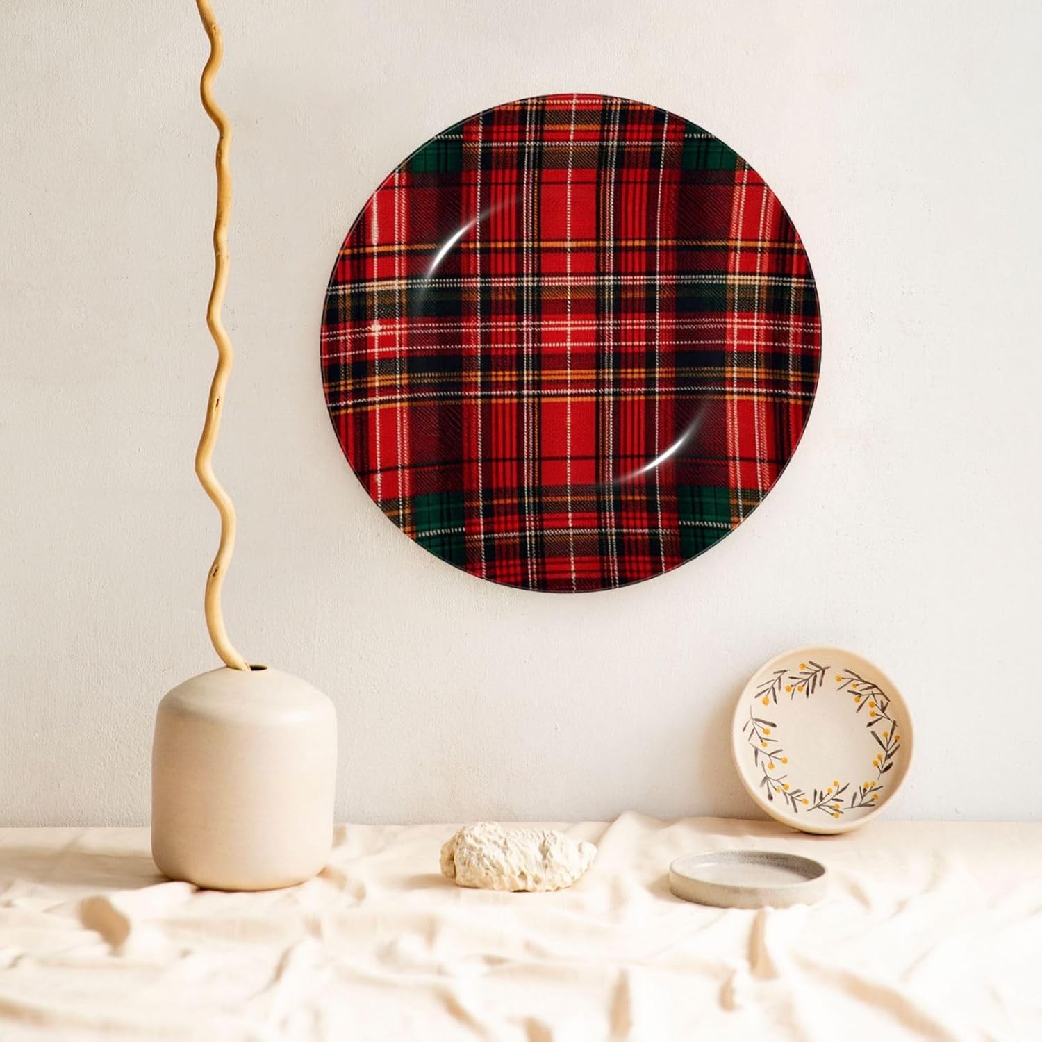 Red-Green-Tartan 10 Inch Decorative Plate With Stand, Elegant Display Wall Plate For Home Decor