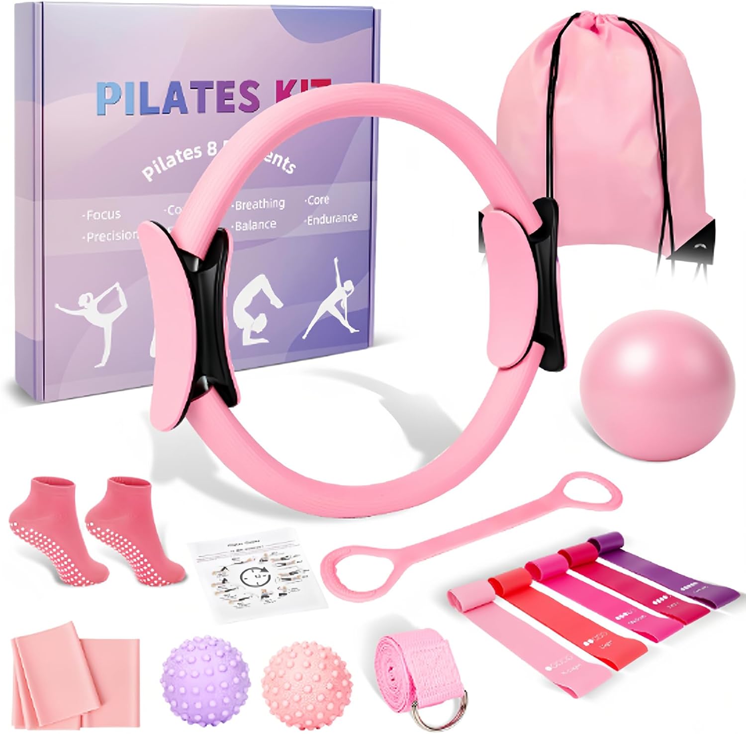 Pilates Ring and Ball Set for Women, Home Workout Pilates Kit, Magic Circle Hoop with 5 Resistance Bands, Pilates Equipment Fitness Essentials Starter Set Accessories