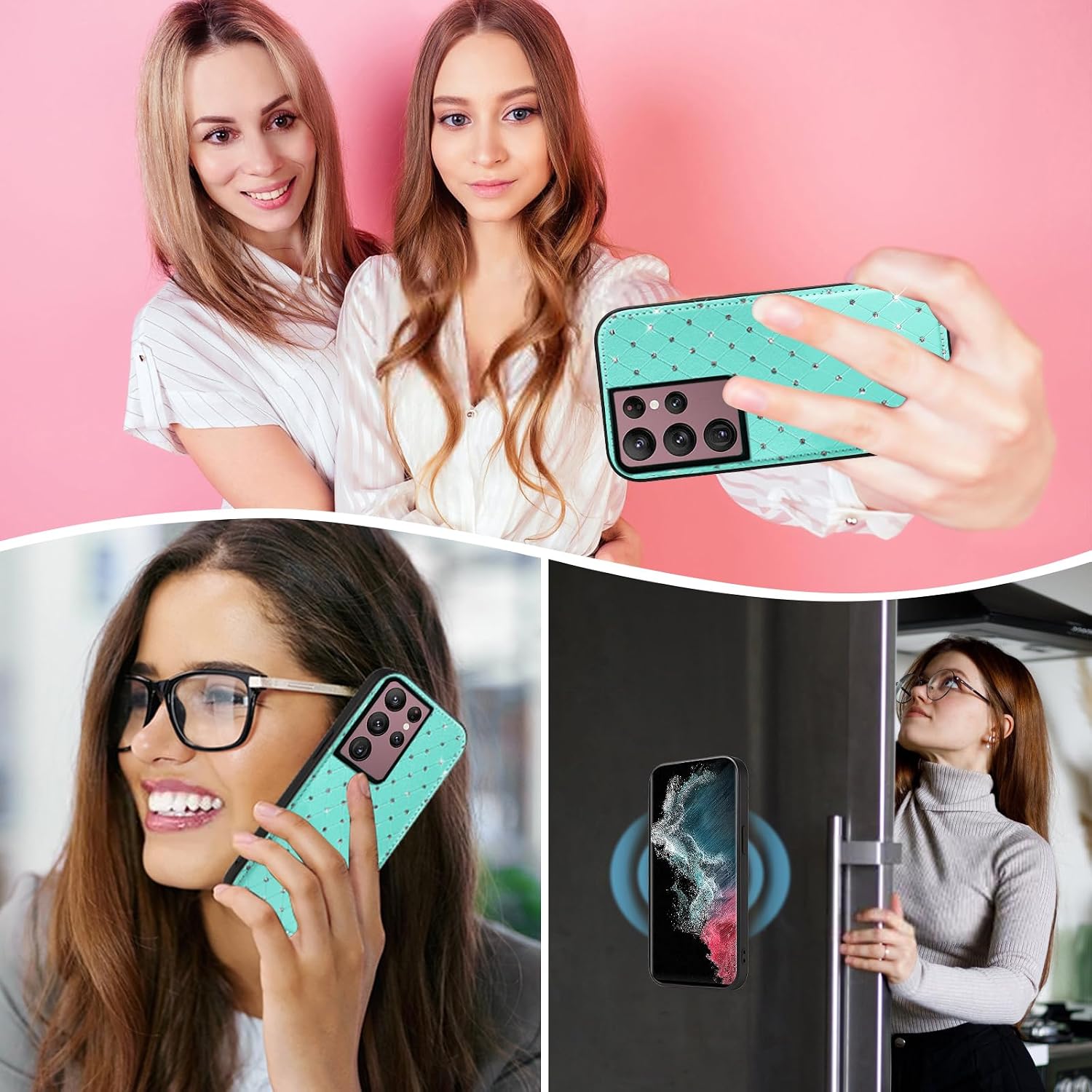 Asuwish Phone Case for Samsung Galaxy S22 Ultra 5G Zipper Wallet Detachable Cell Cover with Screen Protector Crossbody Strap Bling Flip Credit Card Holder S22ultra 22S S 22 S22ultra5g 6.8 Women Green